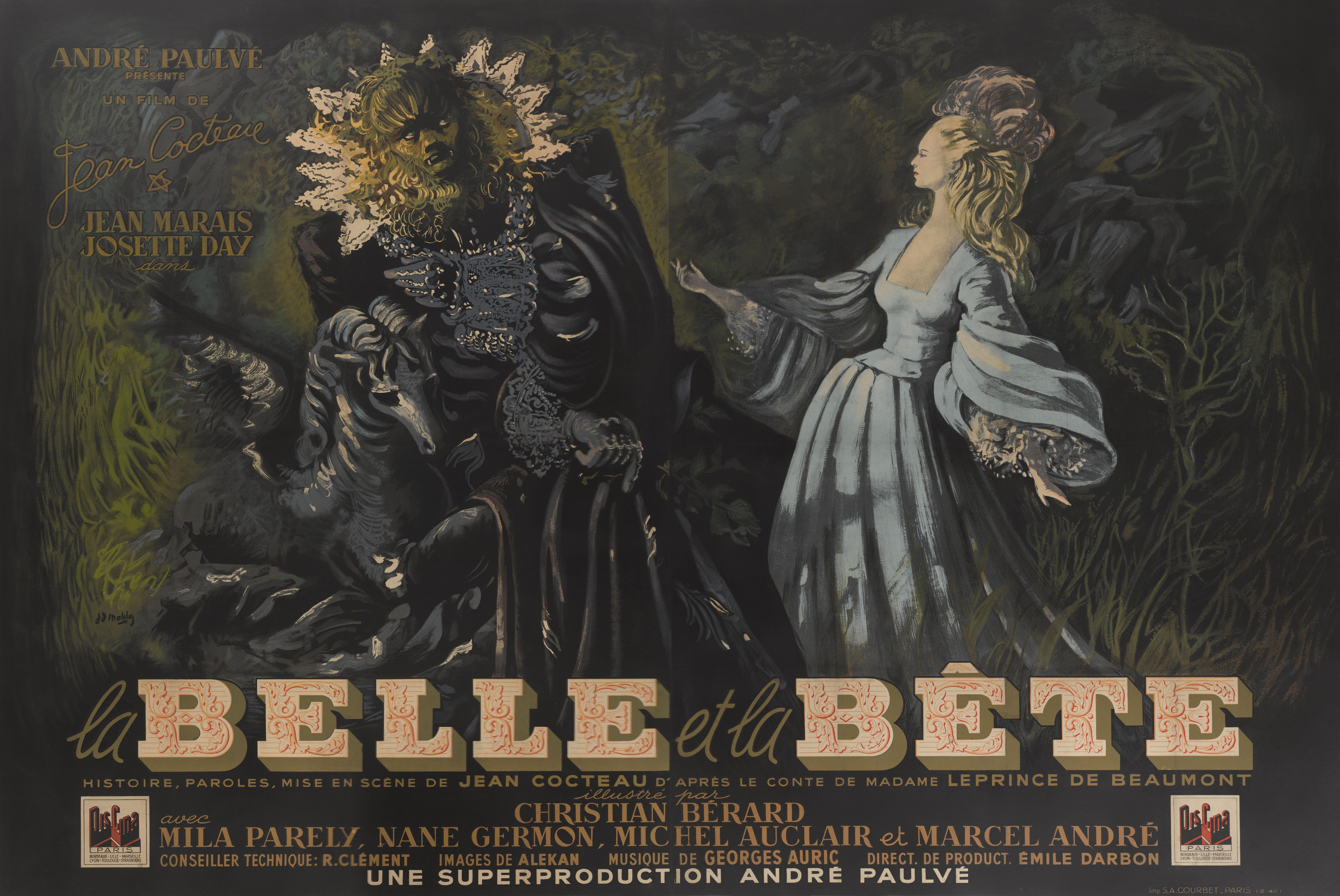 Affiche originale française du film fantastique classique de 1946.
Le roman de Gabrielle-Suzanne Barbot de Villeneuve, La Belle et la Bête, a été publié en France en 1740. En 1946, Jean Cocteau adapte le livre pour en faire le premier long métrage.