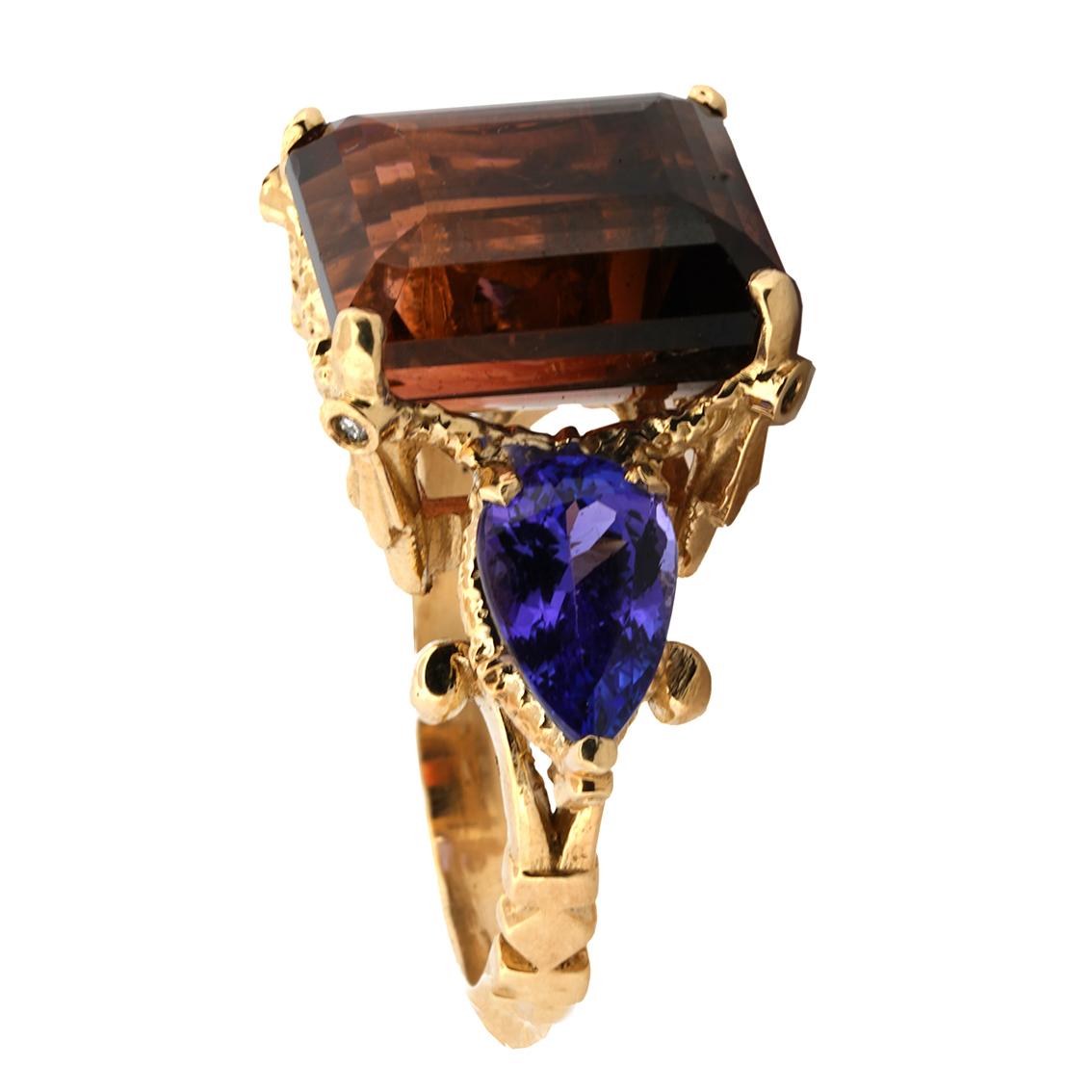 Renaissance Tourmaline, Tanzanites, Diamonds gold ring  For Sale