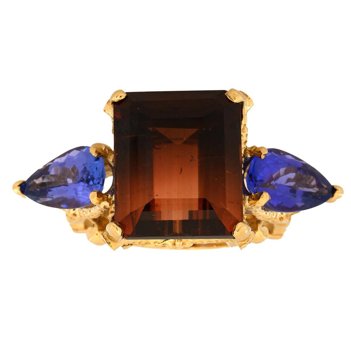 Emerald Cut Tourmaline, Tanzanites, Diamonds gold ring  For Sale