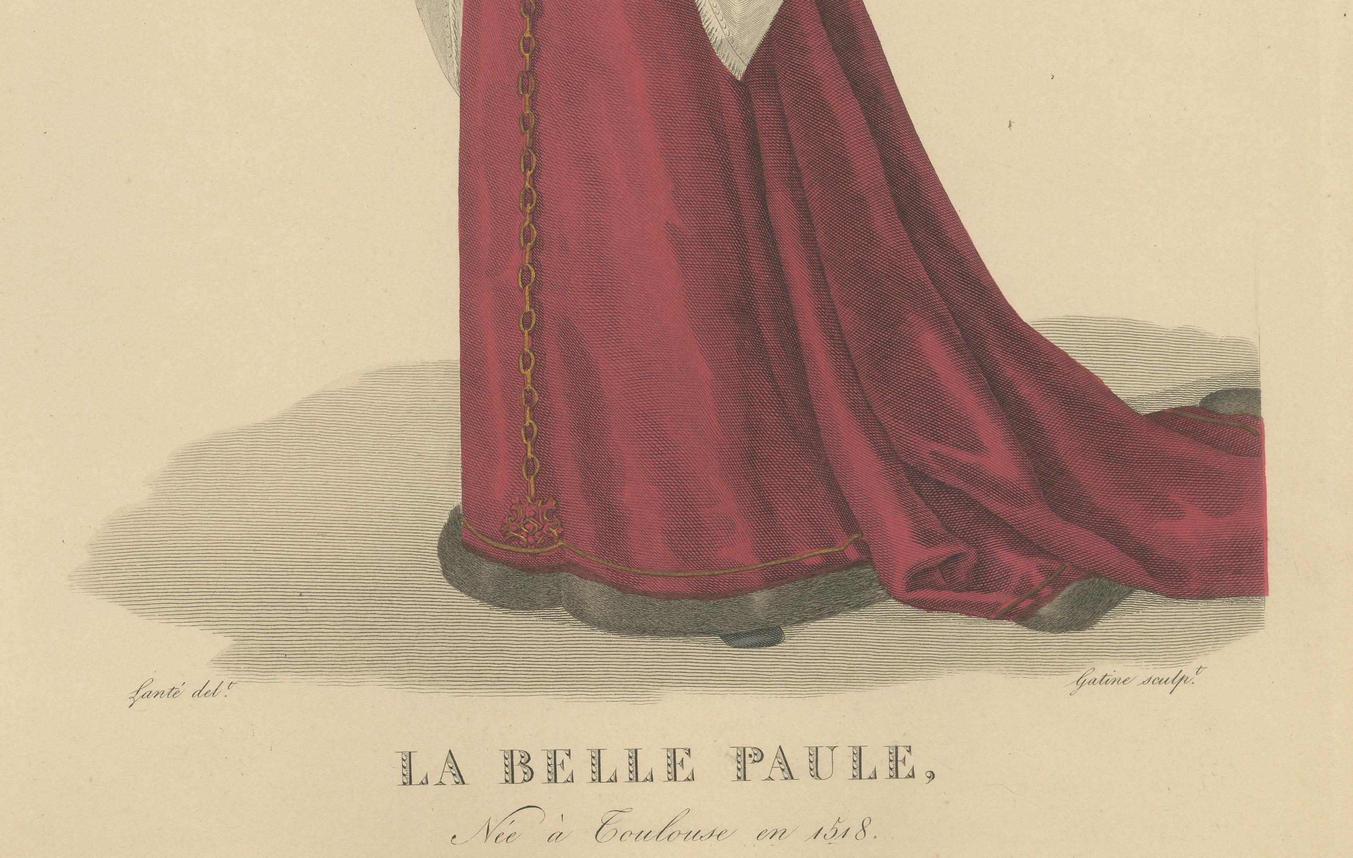 La Belle Paule, Toulouse Beauty - Handkolorierter Kupferstich, um 1900

Charmanter handkolorierter Kupferstich von La Belle Paule (Paule de Viguier, 1518-1610), einer berühmten Schönheit aus Toulouse, die in der französischen Tradition für ihre