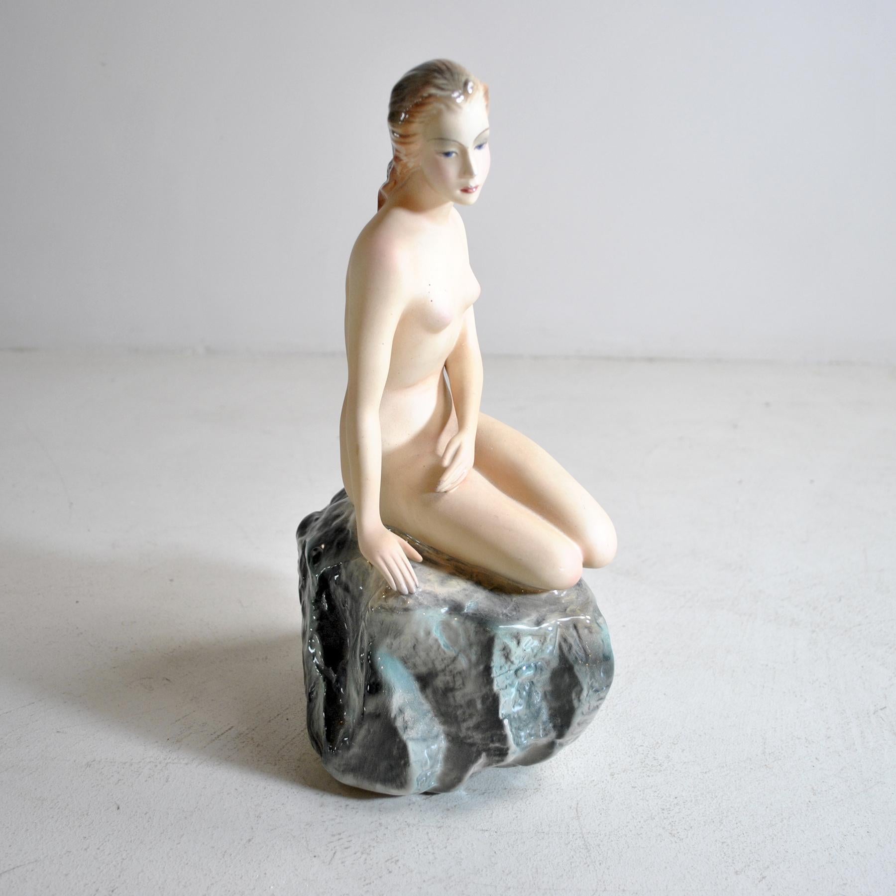 Mid-20th Century La Bertetti Torino Italian Ceramic Woman on the Rock For Sale