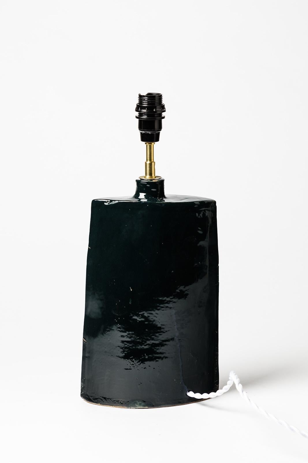 La Borne Midcentury Black Stoneware Ceramic Table Lamp, circa 1970 In Excellent Condition In Neuilly-en- sancerre, FR