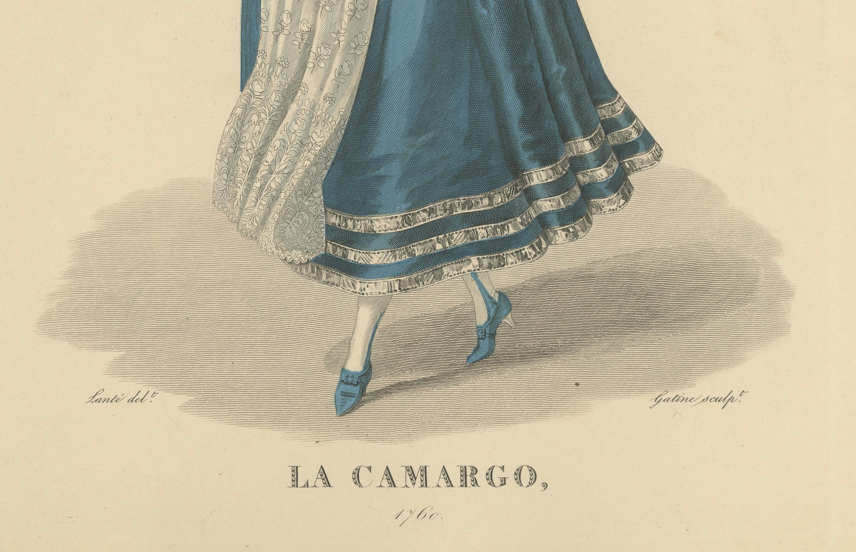 Handkolorierter Kupferstich von La Camargo, Paris, Ausgabe um 1900

Dieser lebendige, handkolorierte Stich zeigt Marie-Anne de Cupis de Camargo (1710-1770), eine berühmte Ballerina der Pariser Oper, die in der Geschichte einfach als La Camargo