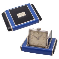 LA CAPTIVE 1930 Art Deco Enameled Squeeze Travel Clock In .925 Sterling Silver