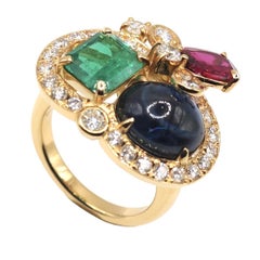 La Cara Emerald Ruby Sapphire Diamond 18K Gold Cocktail Ring