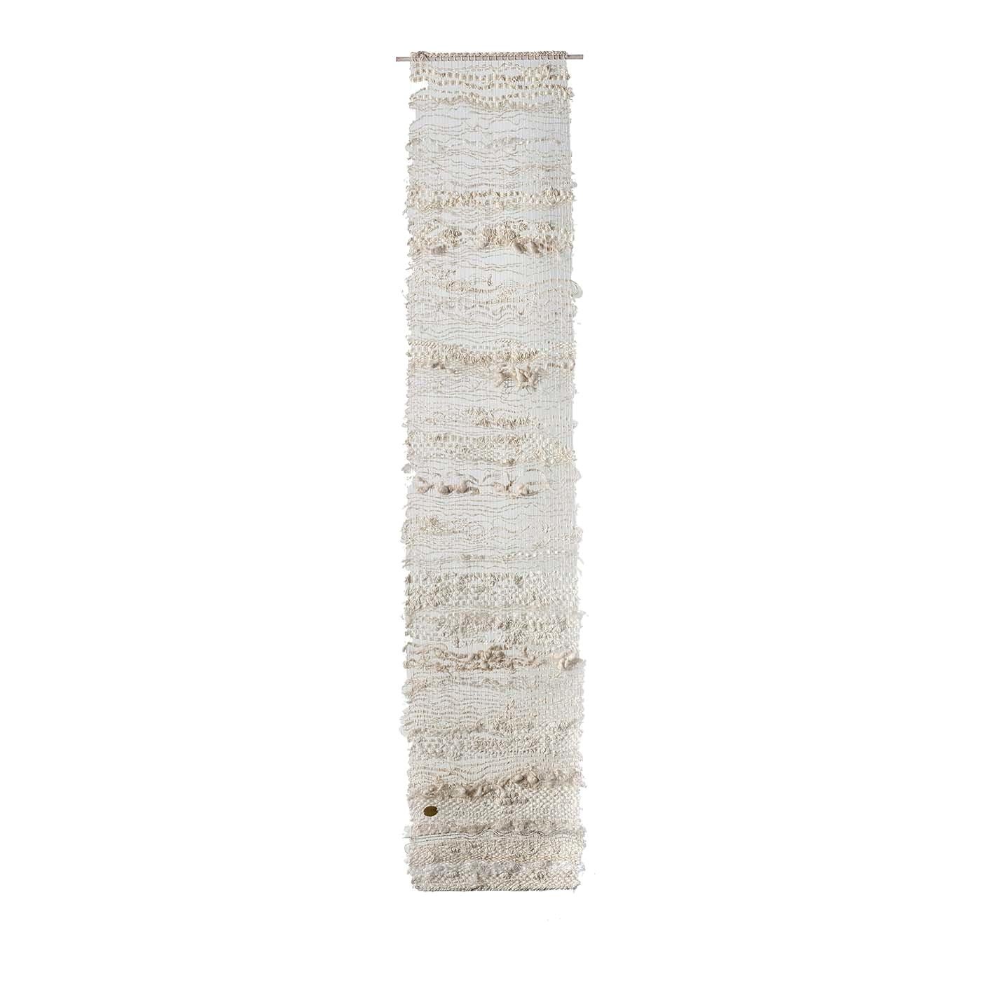This fascinating handwoven vertical tapestry uses traditional techniques in a composition of linen, hemp, silk, shantung silk, wool and cotton. Seeking to represent a dialogue on The Home, the tapestry is best hung at a distance of 7 - 10 cm from