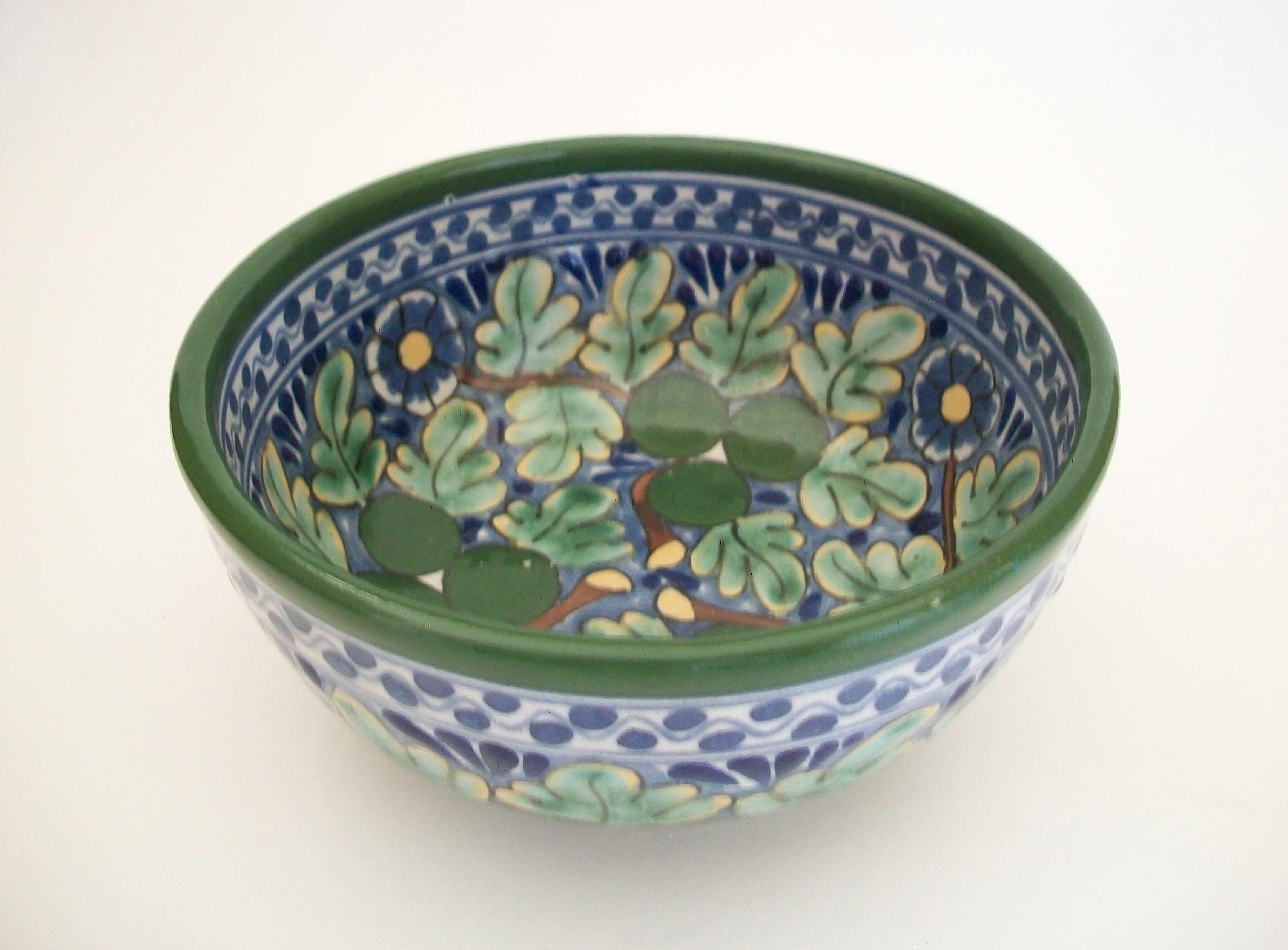 Glazed LA CORONA, Vintage Hand Painted Talavera Pottery Bowl, Mexico, 20th Century For Sale