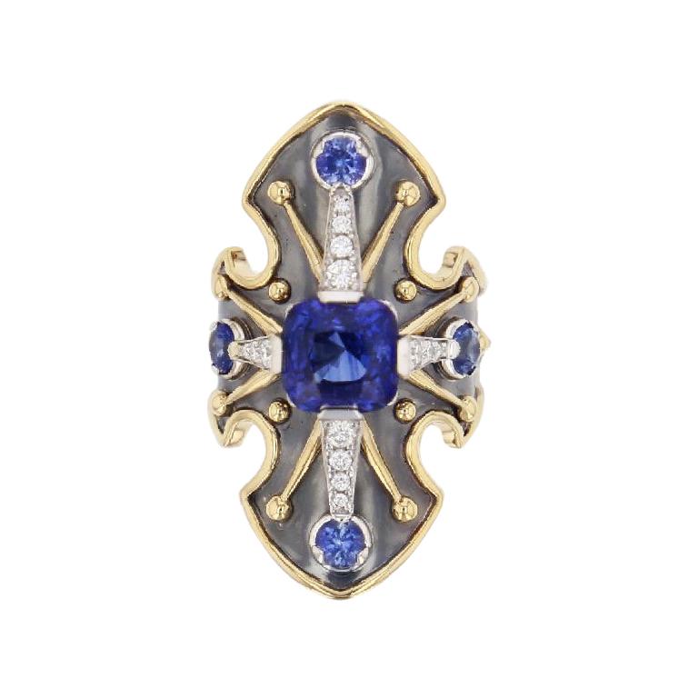 La Dame du Lac 18 Karat Gold Blue Sapphire and Diamond Shield Ring by Elie Top