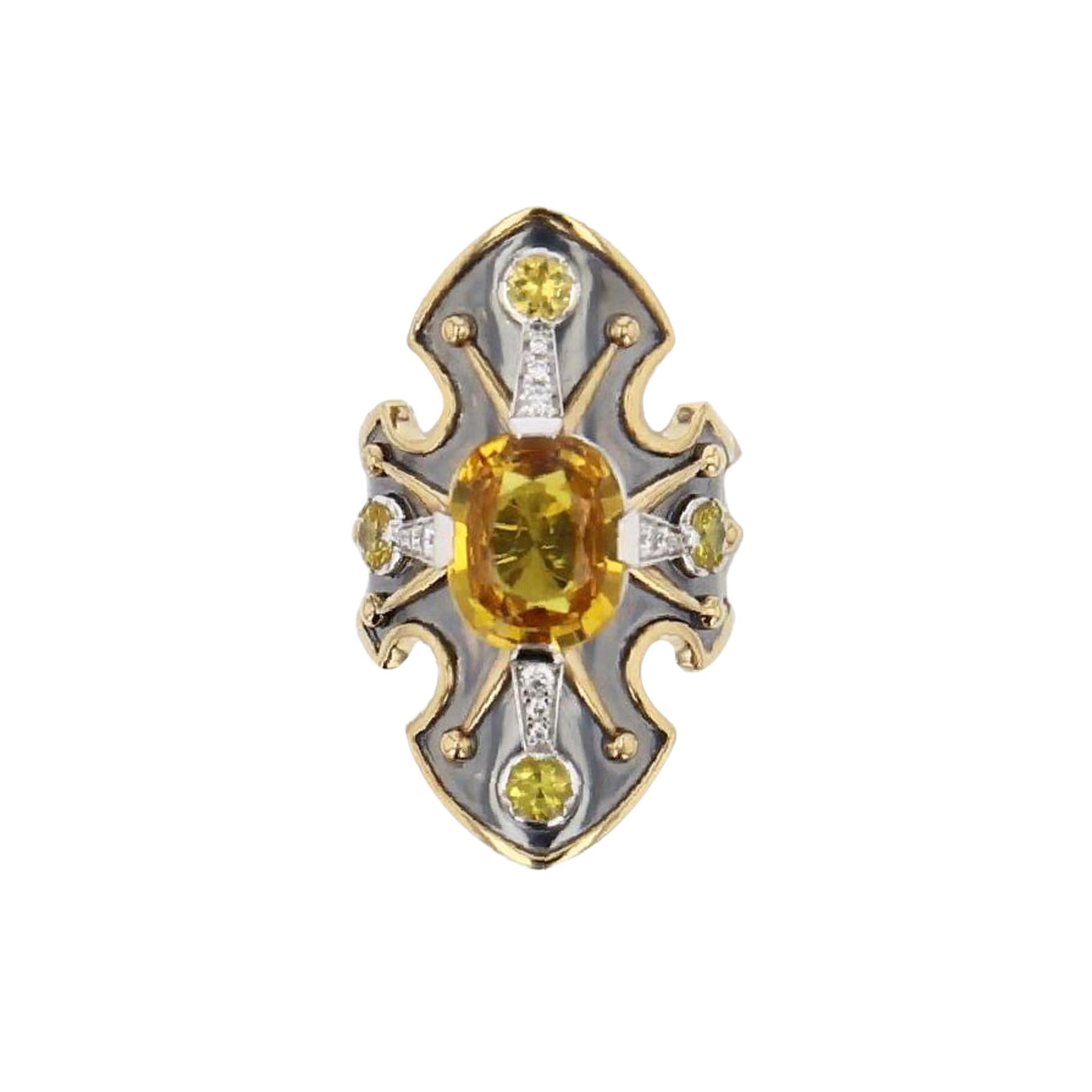 La Dame du Lac 18 Karat Gold Yellow Sapphire and Diamond Shield Ring by Elie Top