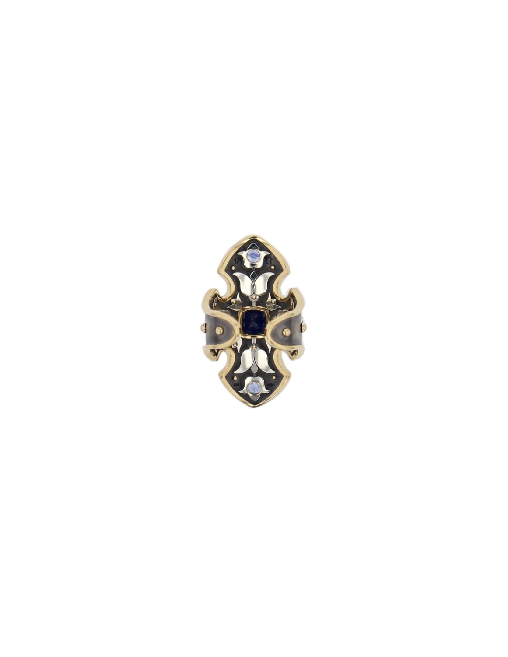 Neoclassical La Dame du Lac 18 Karat Gold Blue Sapphire and Diamond Shield Ring by Elie Top