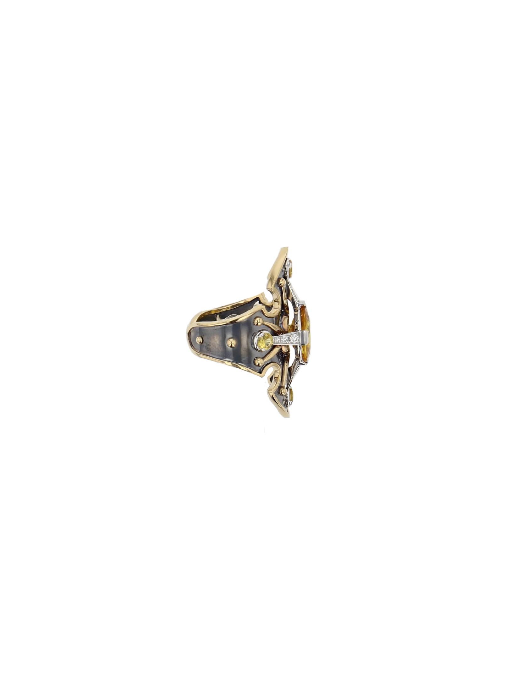 Neoclassical La Dame du Lac 18 Karat Gold Yellow Sapphire and Diamond Shield Ring by Elie Top