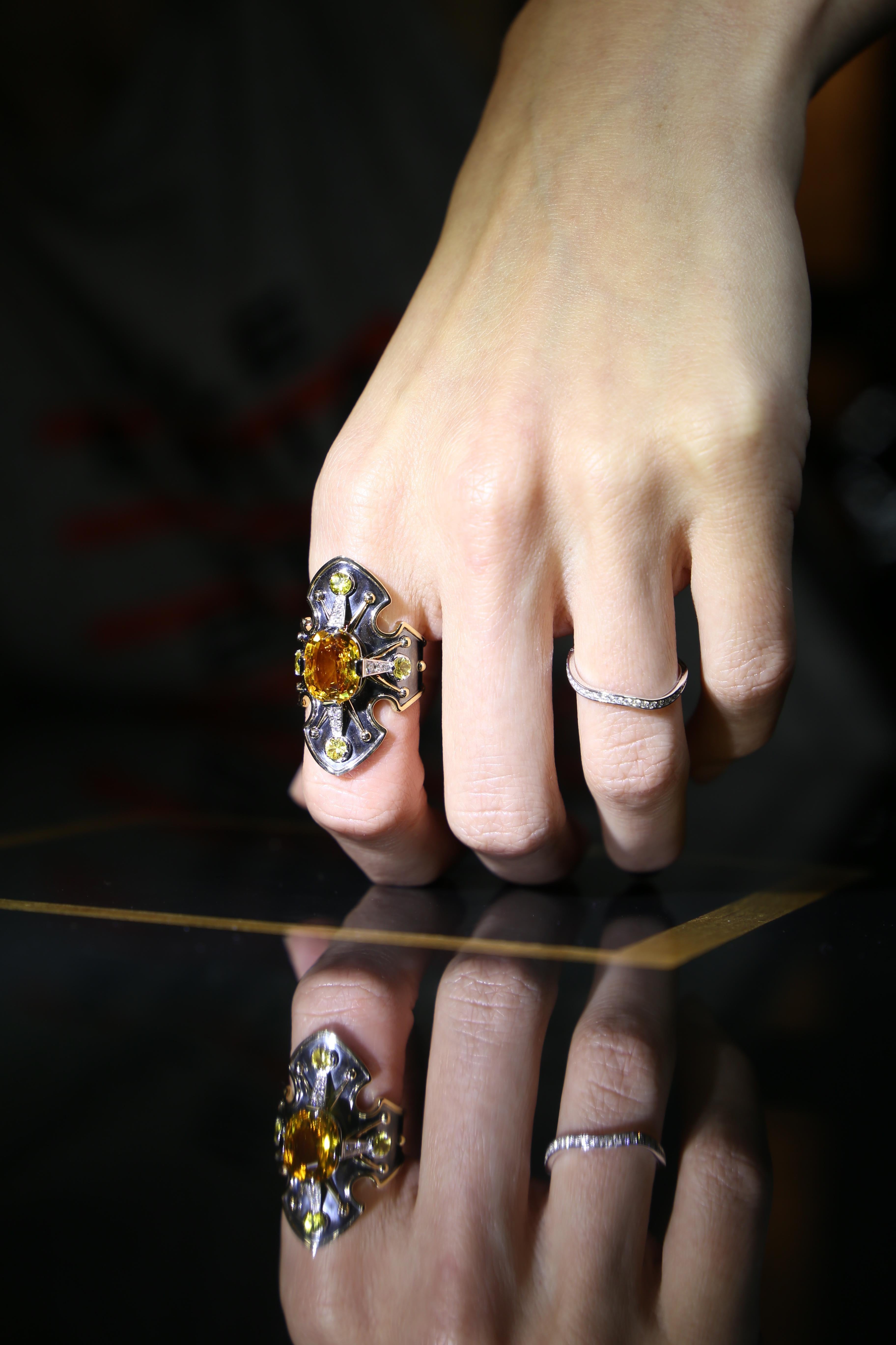 La Dame du Lac 18 Karat Gold Yellow Sapphire and Diamond Shield Ring by Elie Top In New Condition In Paris, France