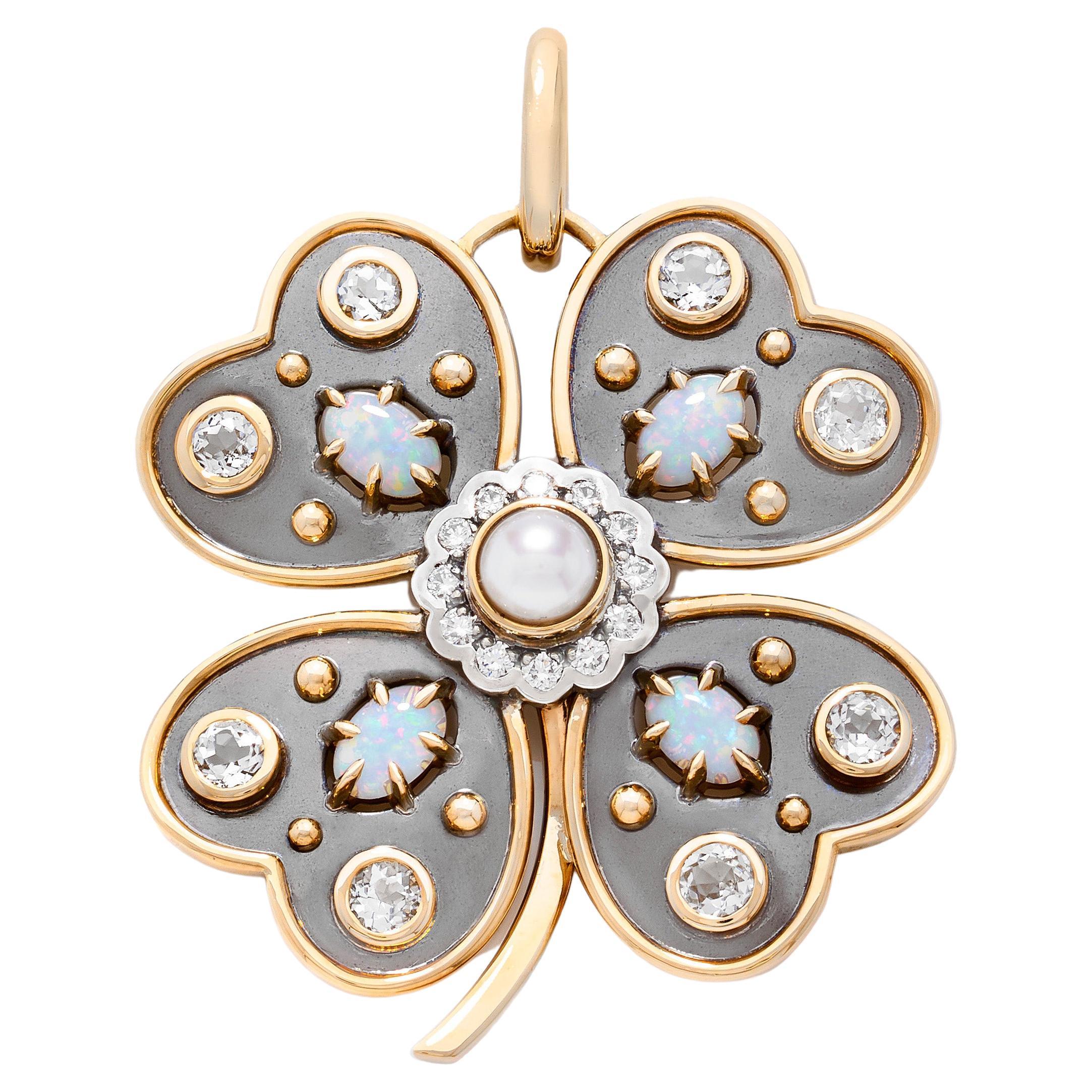 La Dame Du Lac Opal, Topaz & Akoya Pearl Clover Charm in 18k Gold by Elie Top For Sale