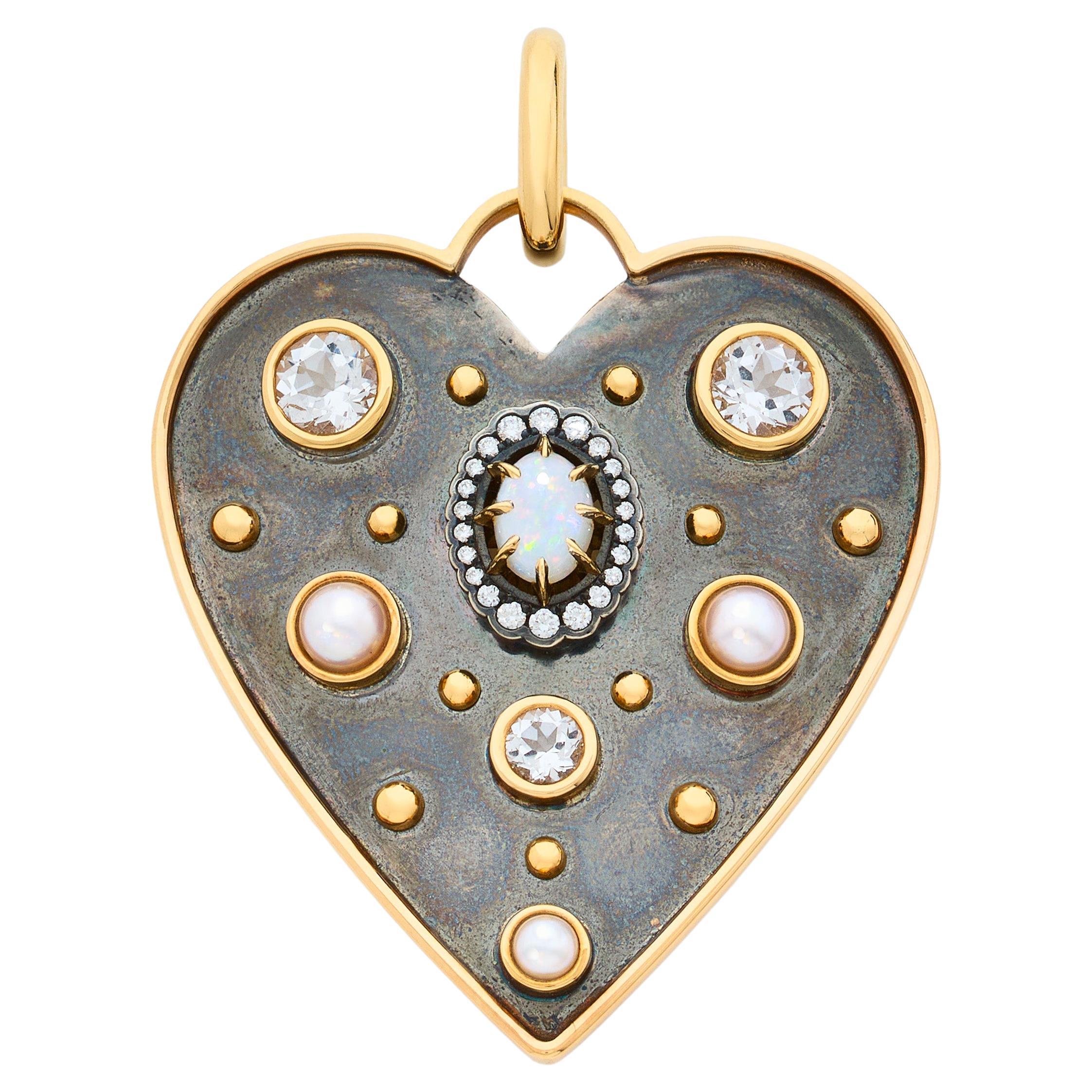 La Dame Du Lac Opal, Sapphire & Akoya Pearls Heart Charm in 18k Gold by Elie Top