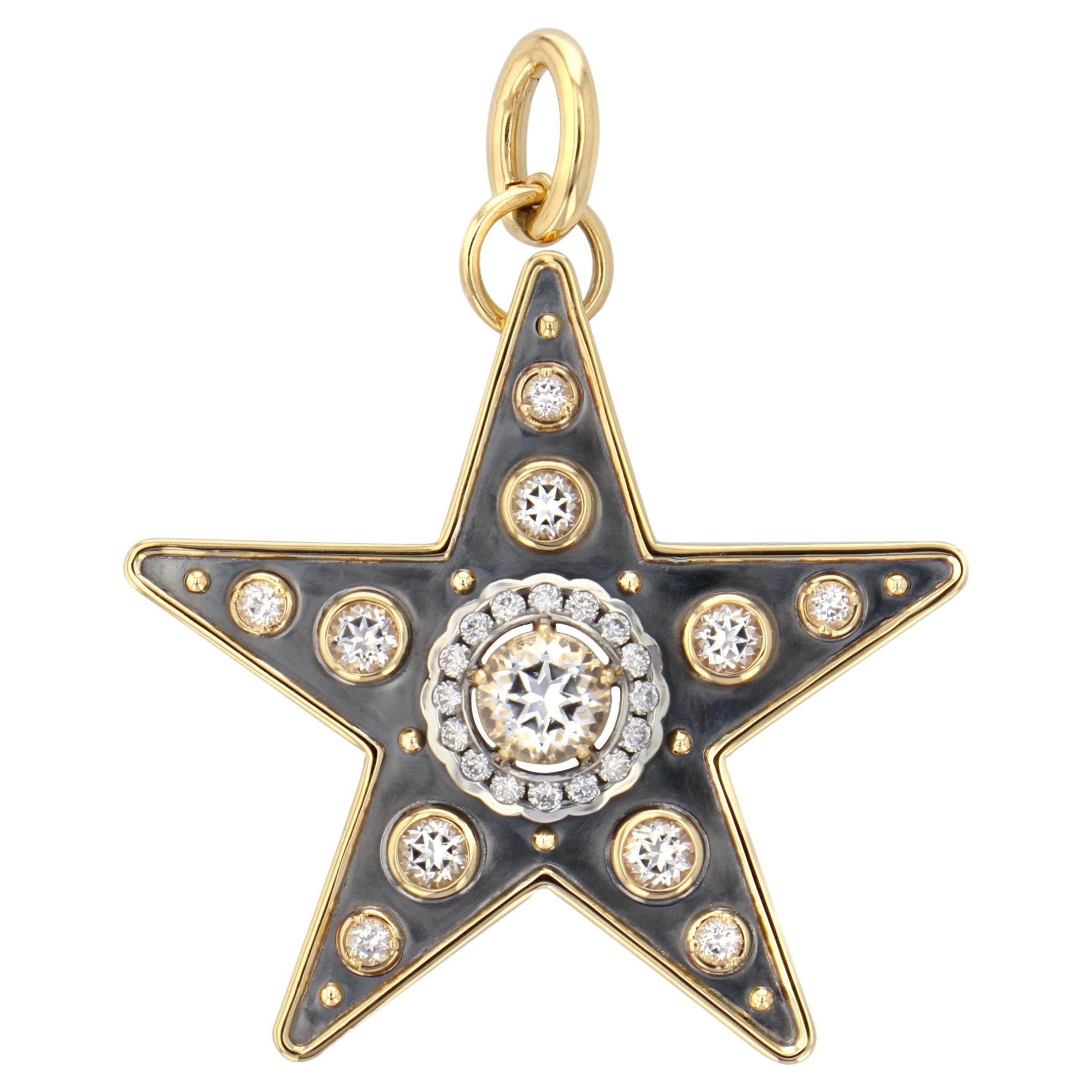 La Dame Du Lac Sapphire & Diamond Star Charm in 18k Yellow Gold by Elie Top