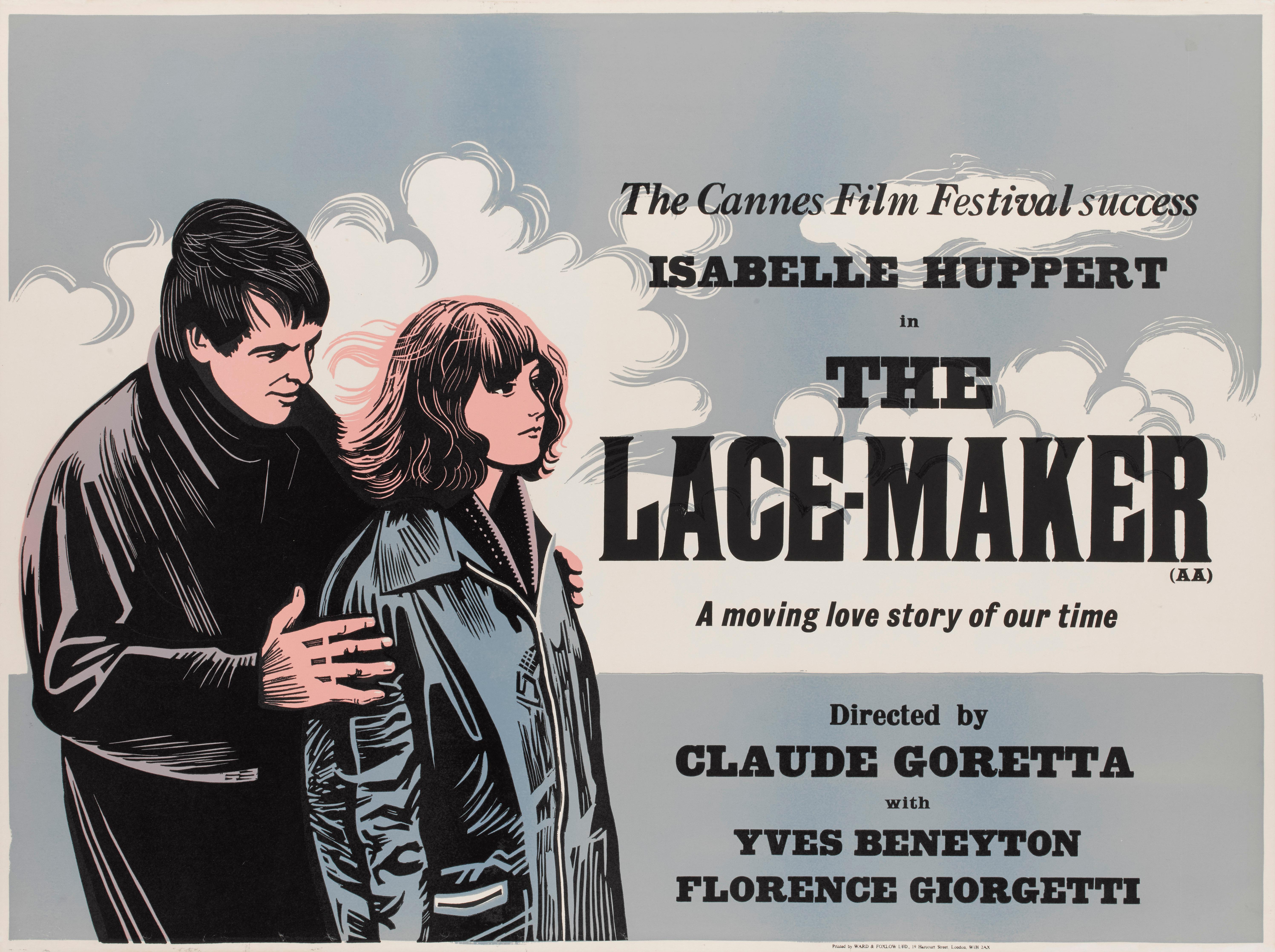 Locandina originale del film britannico del 1977  film drammatico e romantico La Dentellier / The Lacemaker.
con Isabelle Huppert, Yves Beneyton e Folrence Giorgetti.
Il film è stato diretto da Claude Goretta.
L'opera d'arte è di Peter Strausfeld