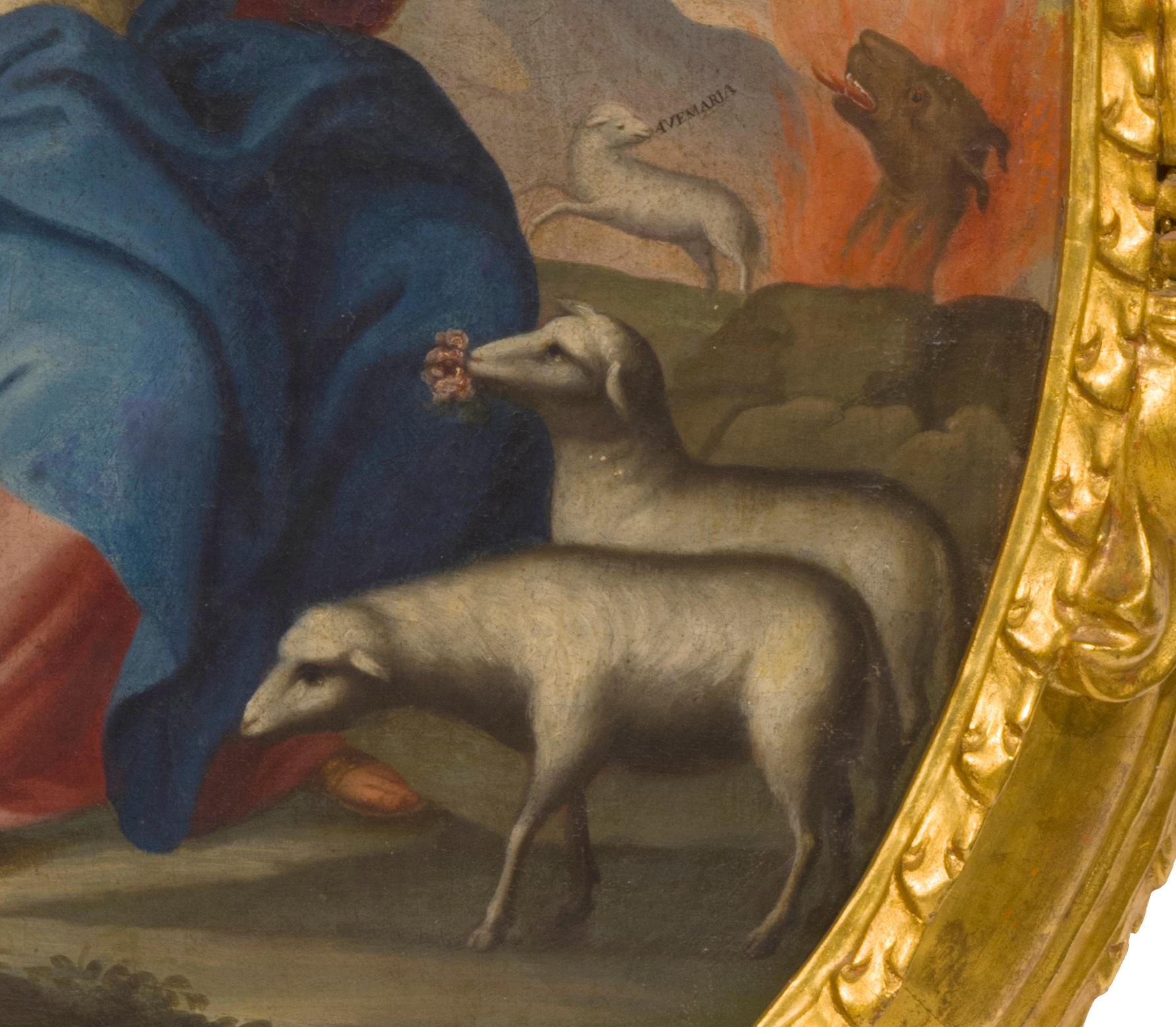 Dans un cadre d'époque à feuilles d'or, ce tableau représente la Divina Pastora ou Divine Bergère, une statue de la Vierge Marie tenant l'enfant Jésus et un mouton. C'est l'une des icônes religieuses les plus importantes du Venezuela. La légende