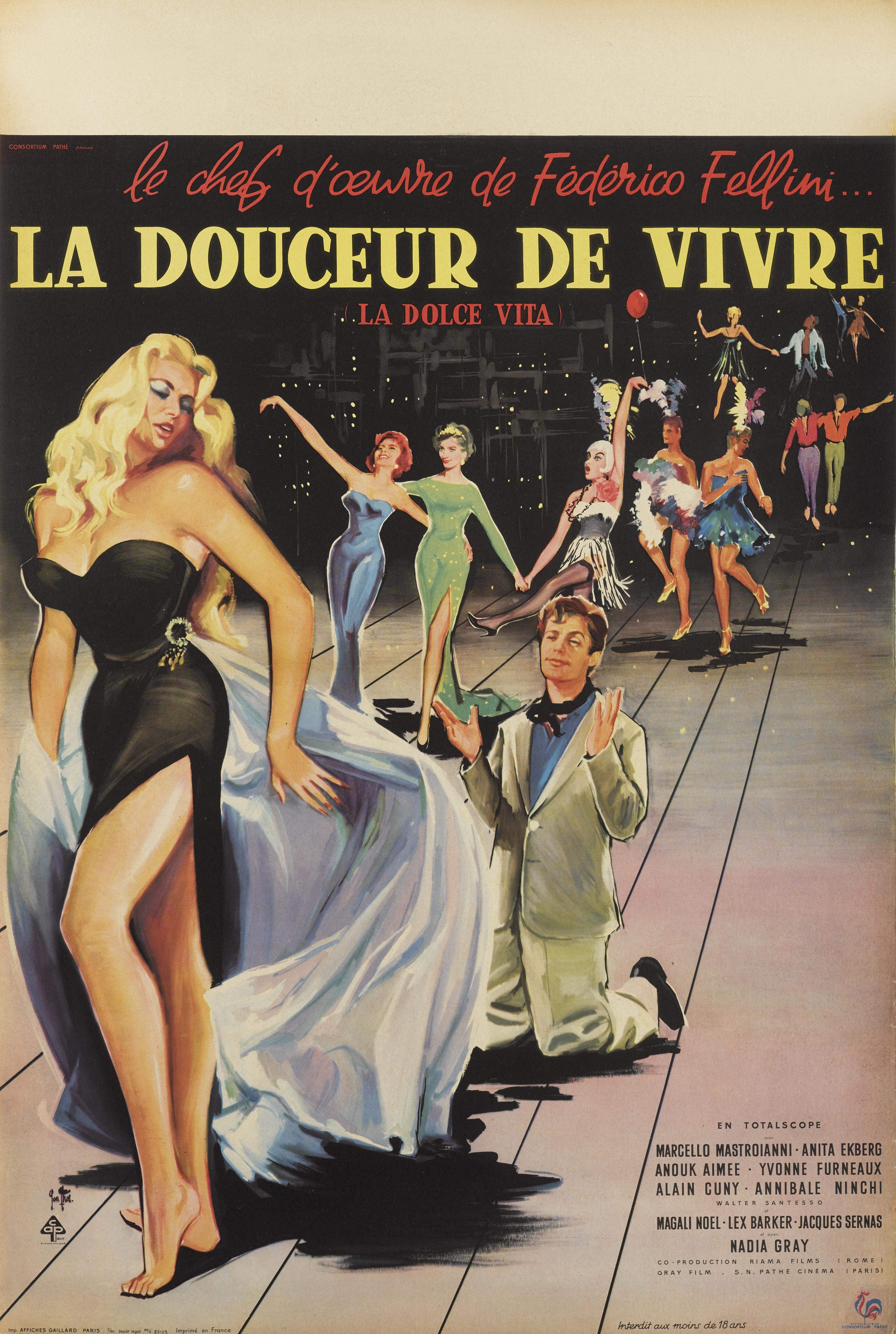 Original French film poster for the 1960 film “La Dolce VITA”.
Perhaps no film has ever managed to capture the spirit, perhaps even the flavor of the generation that begot it as Fellini's masterpiece La Dolce VITA. From the opening shot of Marcello