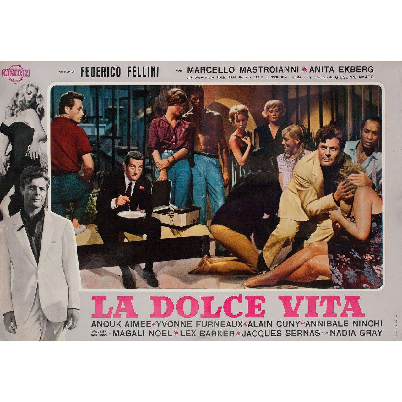 Original 1964 re-release Italian fotobusta poster for the 1960 film La Dolce Vita directed by Federico Fellini with Marcello Mastroianni / Anita Ekberg / Anouk Aimee / Yvonne Furneaux. Very good-fine condition, folded. Many original posters were