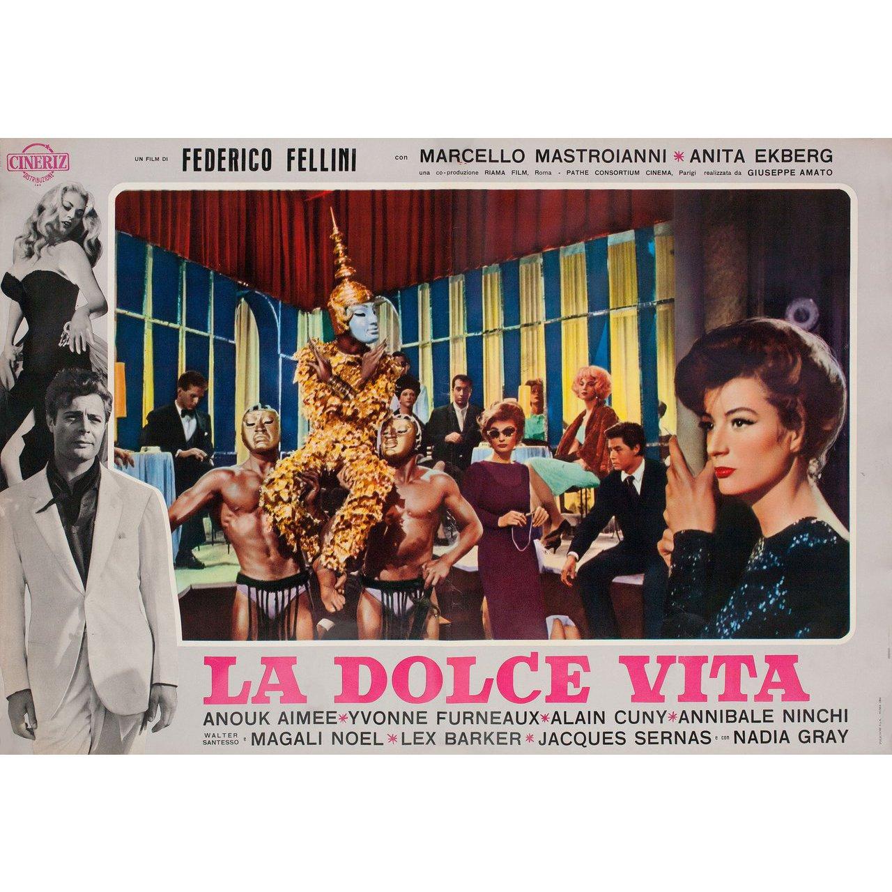 Original 1964 re-release Italian fotobusta poster for the 1960 film La Dolce Vita directed by Federico Fellini with Marcello Mastroianni / Anita Ekberg / Anouk Aimee / Yvonne Furneaux. Very Good-Fine condition, folded. Many original posters were