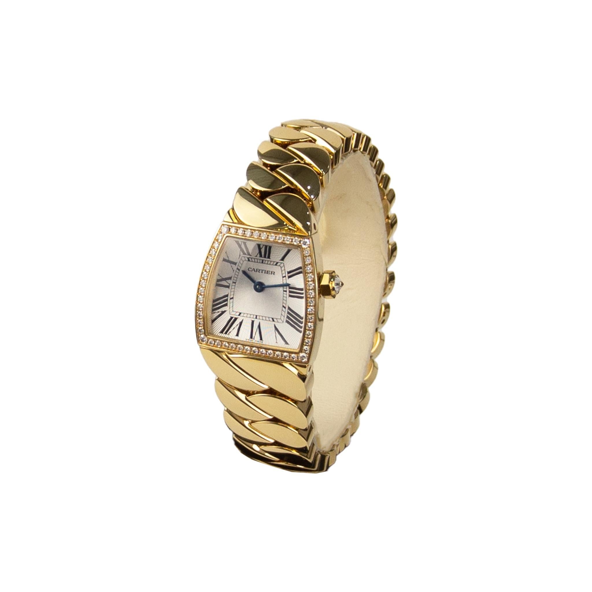 Brand: Cartier
Model: La Dona de Cartier
Reference number: WE60040H
Movement: Automatic
Case Material: Yellow Gold
Bracelet Material: Yellow Gold
Case diameter: 22mm
Water resistance: No water resistance
Crystal: Sapphire Crystal
Dial color: