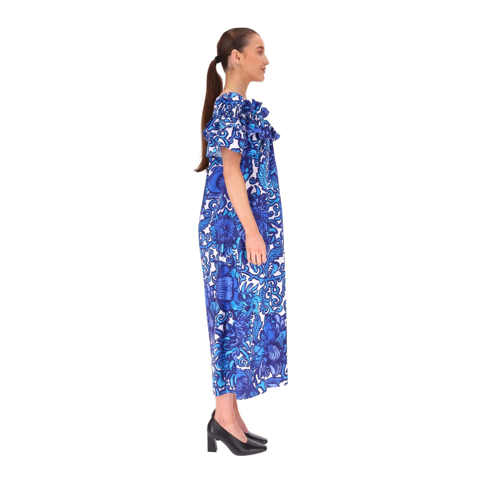 Blue La DoubleJ Off-The-Shoulder Floral Cotton Dress For Sale