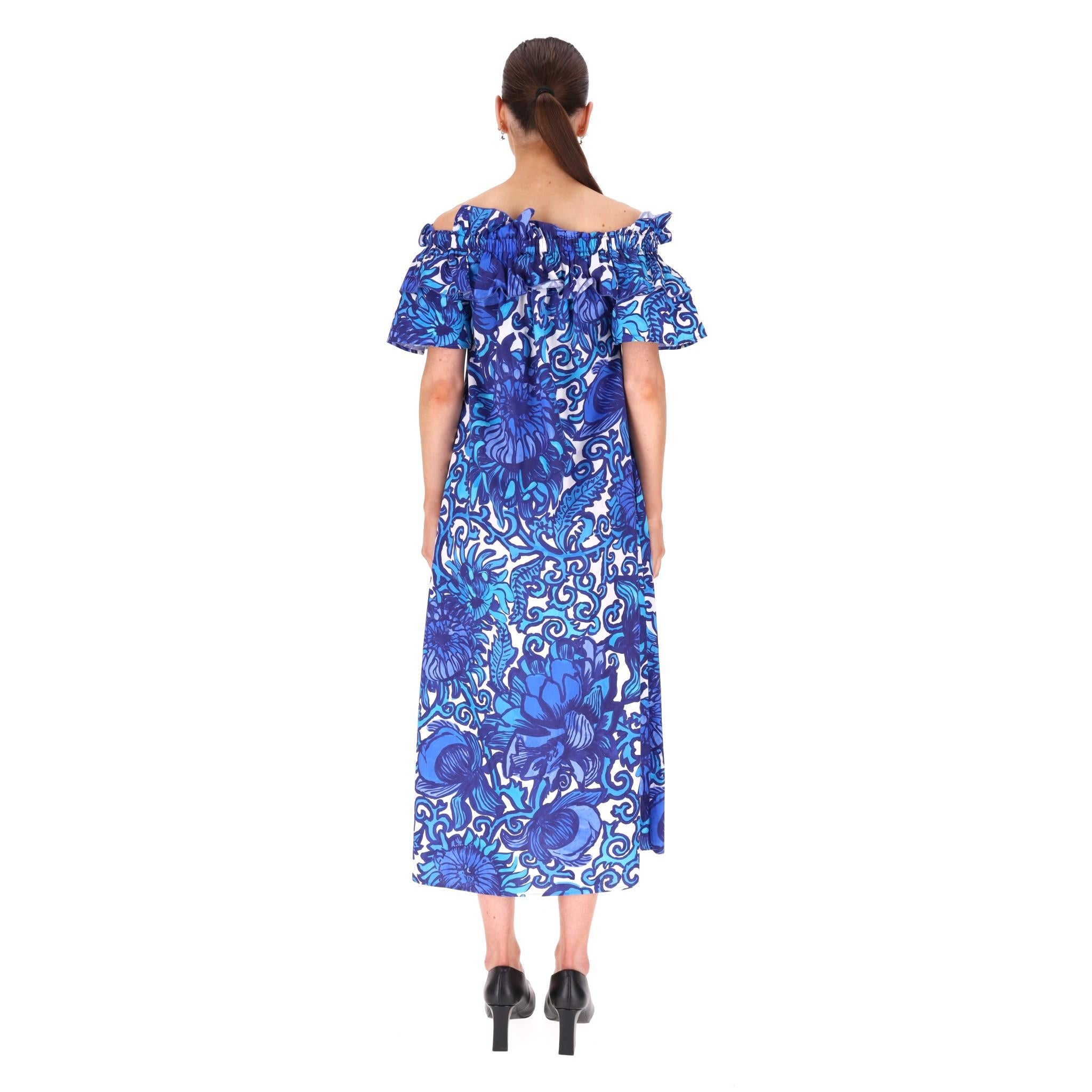 La DoubleJ Off-The-Shoulder Floral Cotton Dress In Excellent Condition For Sale In London, GB