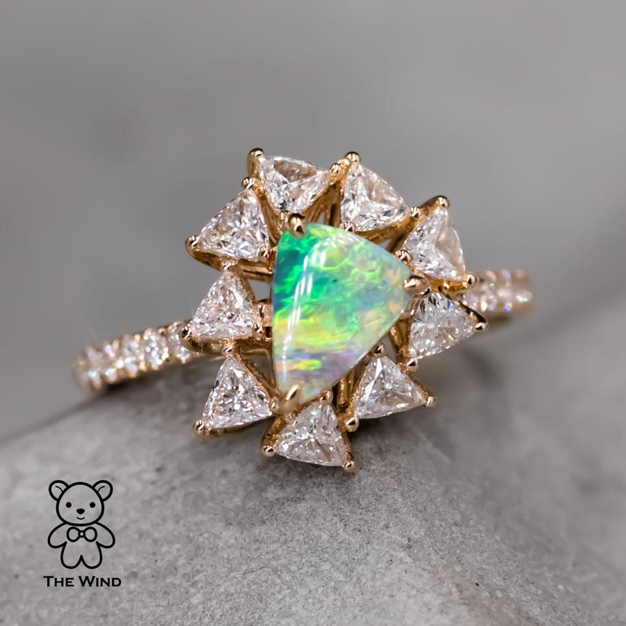 La Estrella - 0.916 ct Halo Trillion Diamond Black Opal Engagement Ring 18K In New Condition For Sale In Suwanee, GA