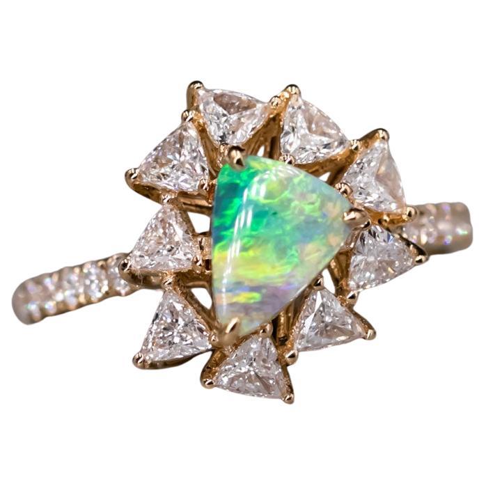 La Estrella - 0.916 ct Halo Trillion Diamond Black Opal Engagement Ring 18K For Sale
