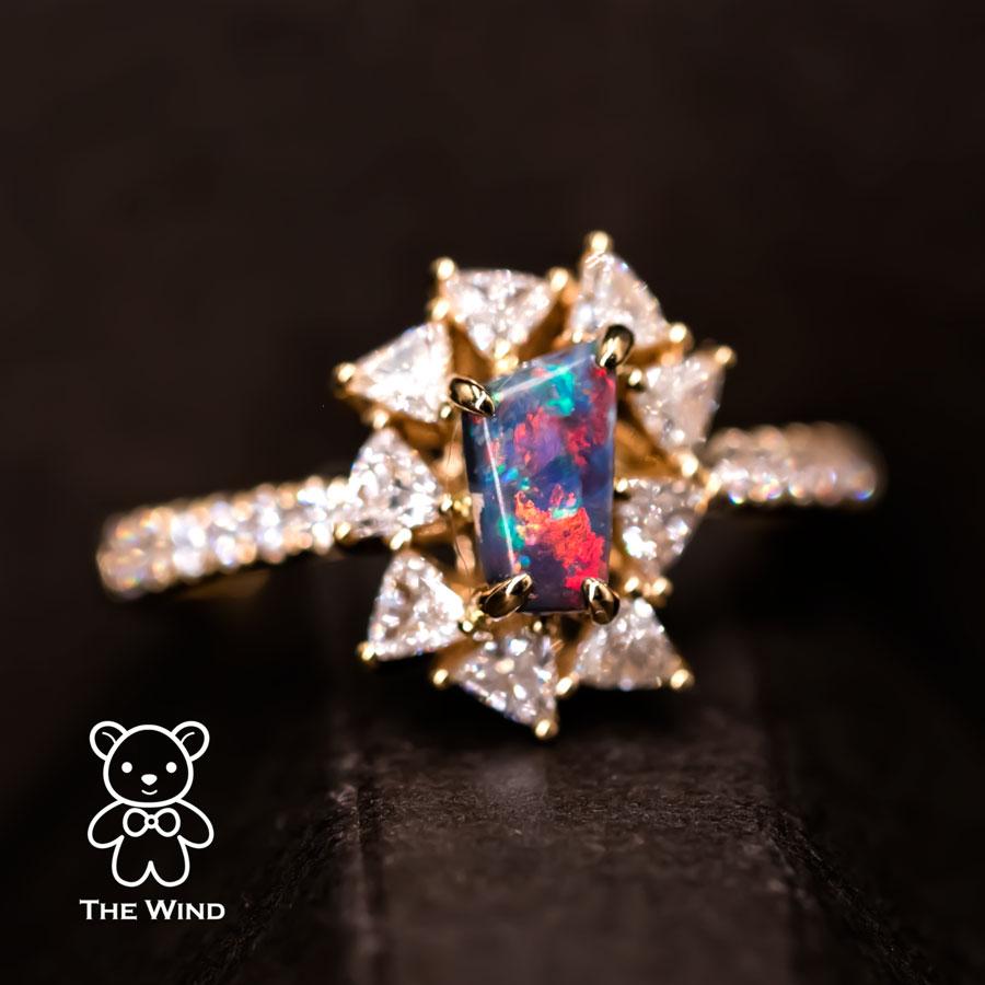 La Estrella - Australian Black Opal & Halo Trillion Diamond Engagement Ring 18K  In New Condition For Sale In Suwanee, GA