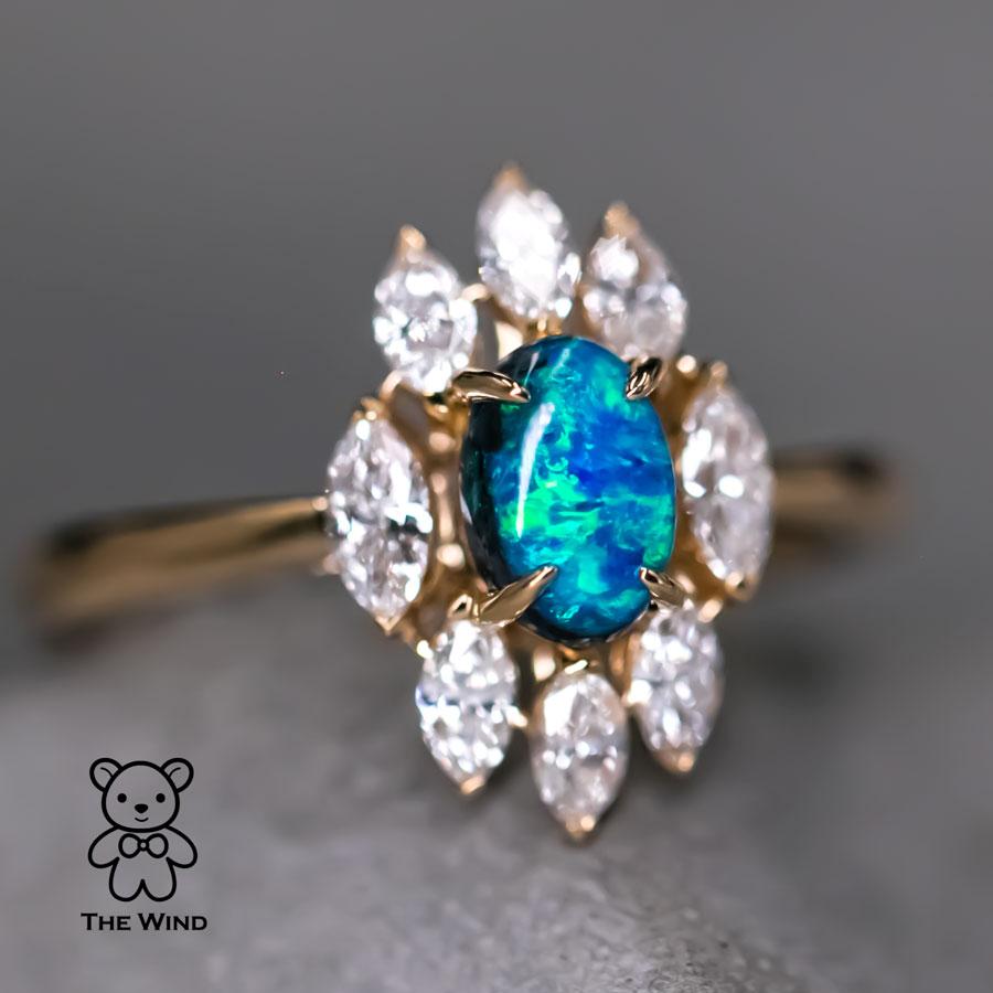 La Eternidad - N1 Verlobungsring aus 18 Karat Gelbgold mit schwarzem Opal und Marquise-Diamant (Arts and Crafts) im Angebot