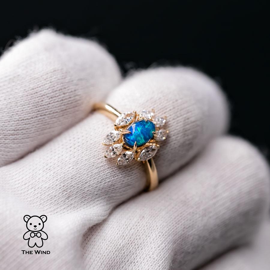 Taglio marquise La Eternidad - Anello di fidanzamento in oro giallo 18 carati con diamante marquise Opale nero N1 in vendita