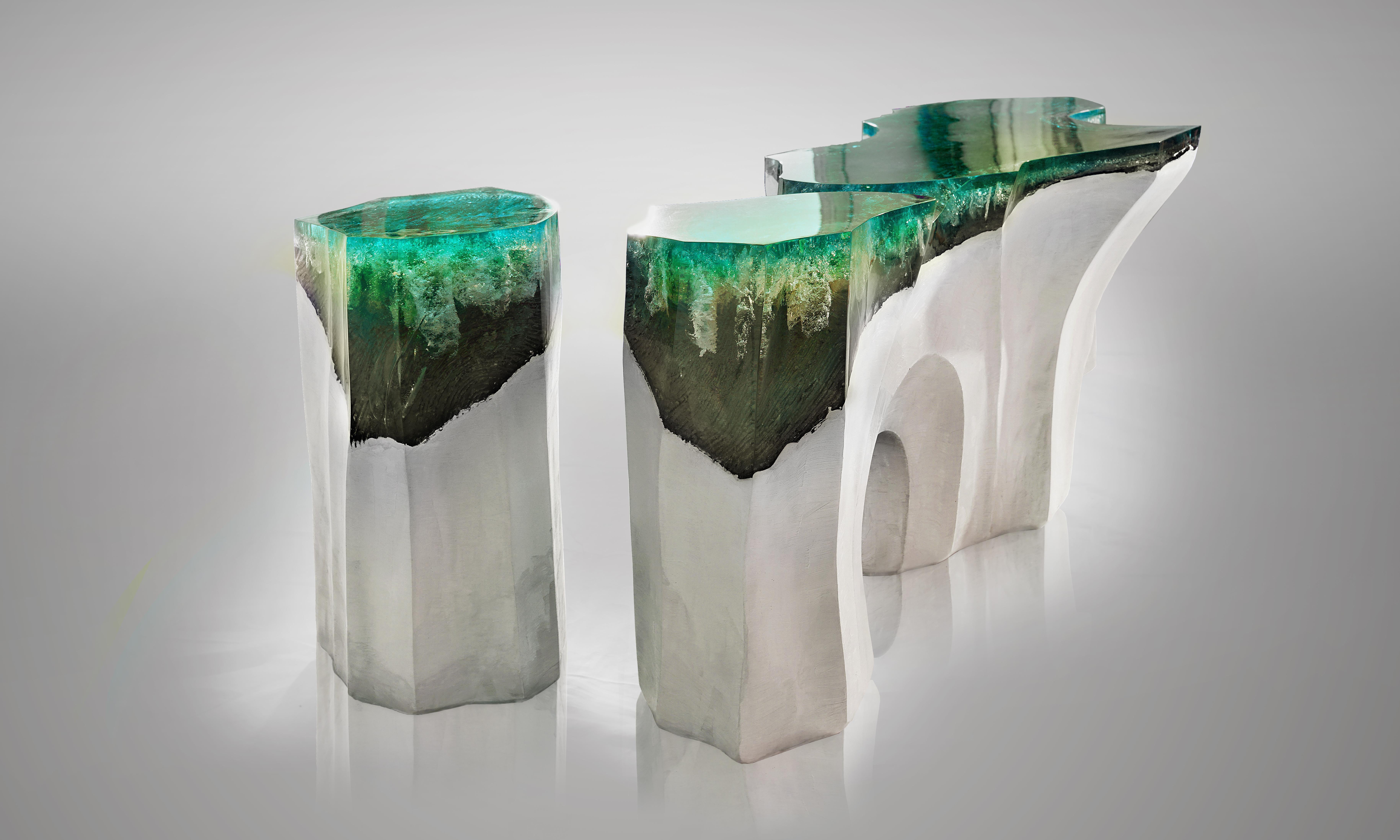 Modern La Falaise Bench & Side Table - Eduard Locota with turquoise-green Acrylic Glass