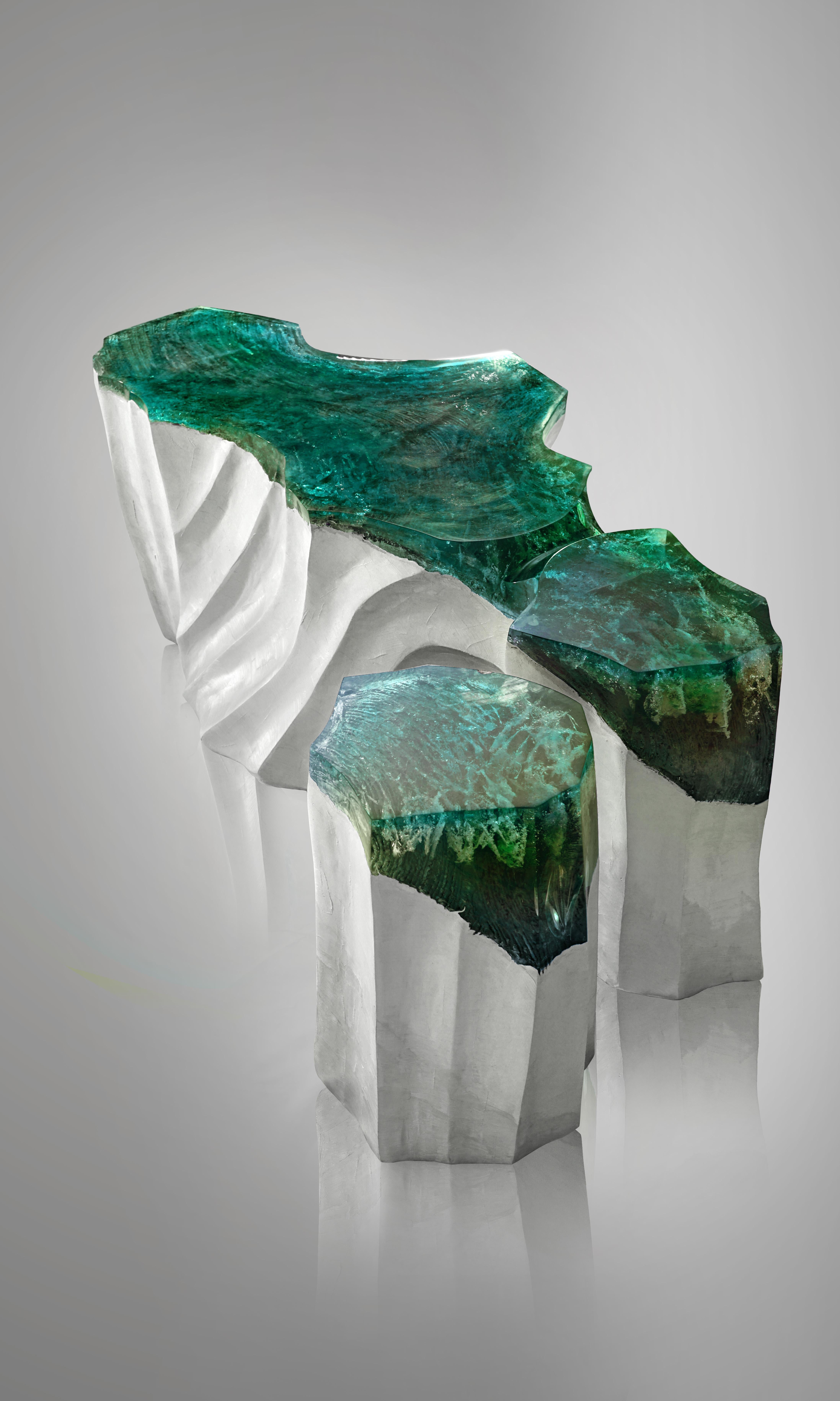 Cast La Falaise Bench & Side Table - Eduard Locota with turquoise-green Acrylic Glass