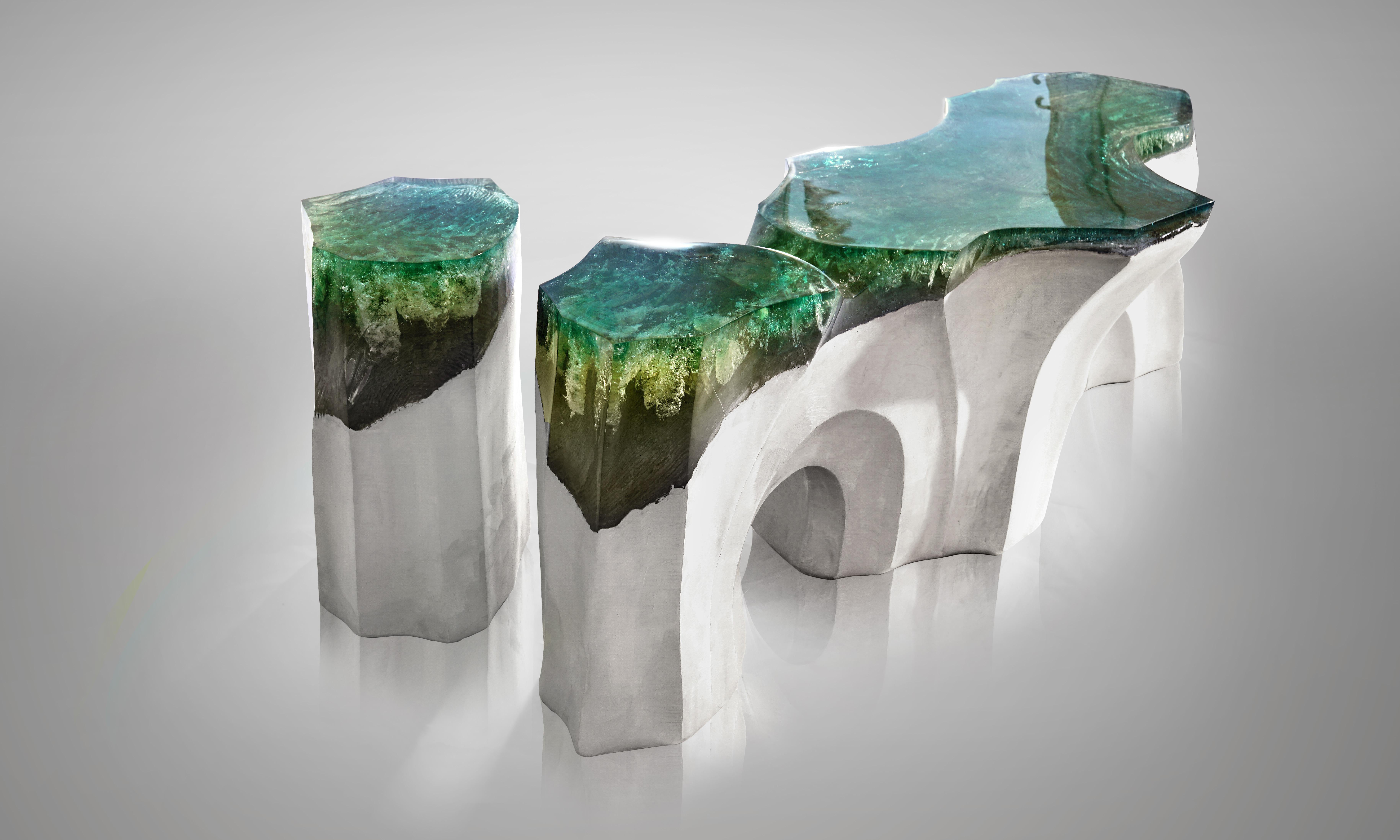 Moulage Banc de table d'appoint Eduard Locota avec verre acrylique vert turquoise-vert en vente