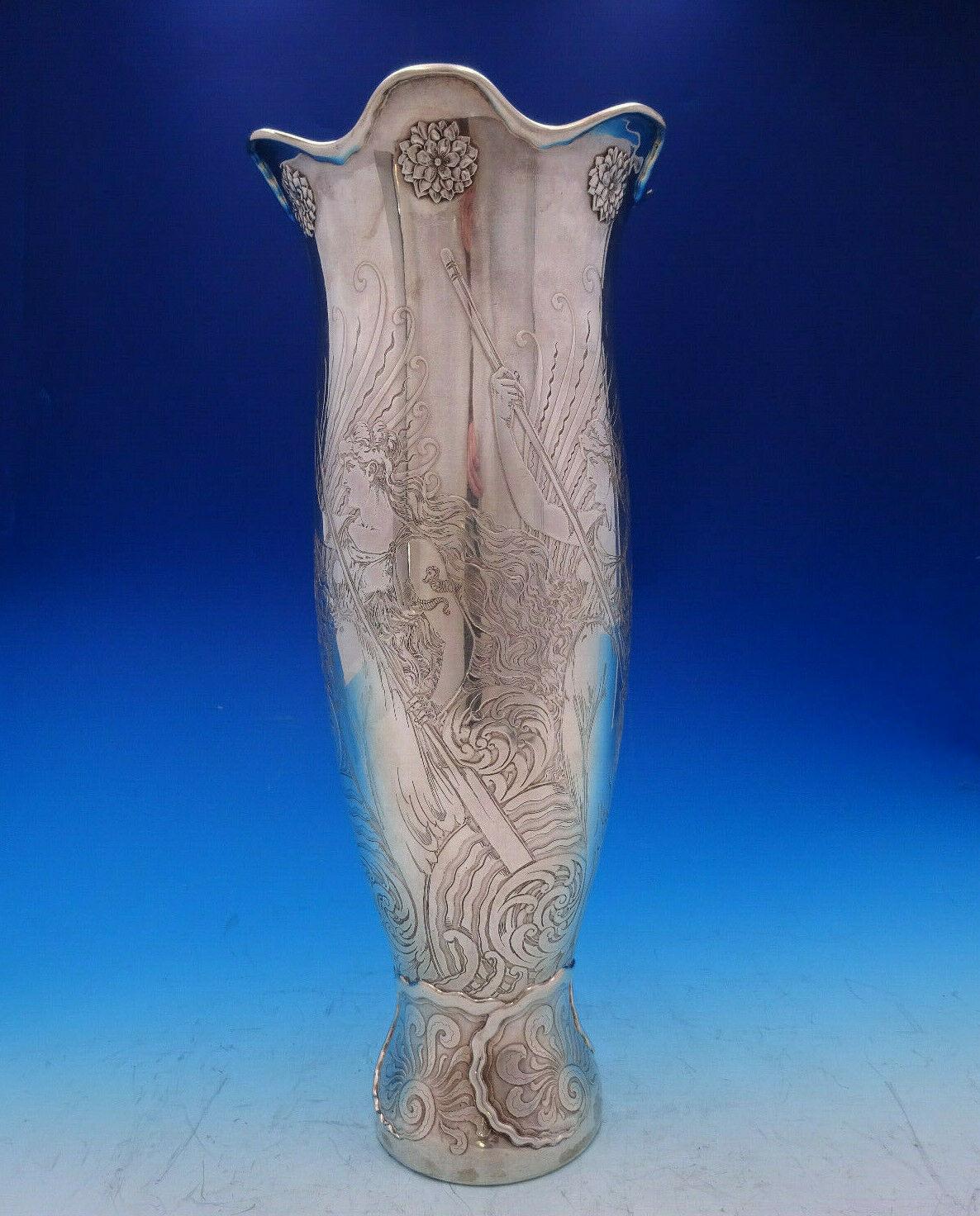 La Fantasy by Whiting Sterling Silver Tall Vase Acid Etched Figural Sea 3