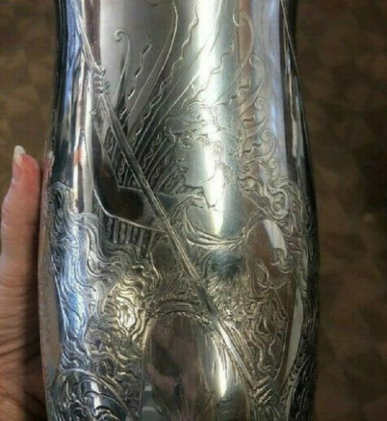 La Fantasy by Whiting Sterling Silver Tall Vase Acid Etched Figural Sea 4