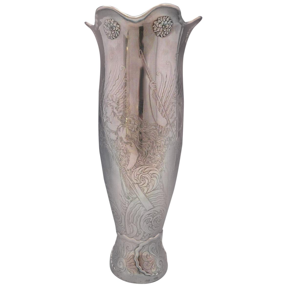 La Fantasy by Whiting Sterling Silver Tall Vase Acid Etched Figural Sea