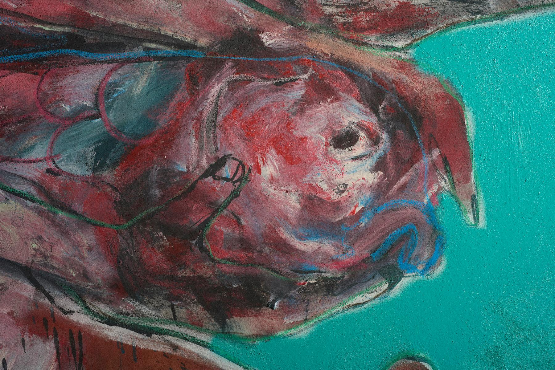 Francky Criquet  (19 septembre 1968 à La Flèche, La Sarthe, France)

Fertilité,  2010

*Mélange de pigments liquides et en poudre sur le tissu

110 X 163 cm

La scène se déroule dans l'eau émeraude.
Une jeune femme et un poisson sont représentés