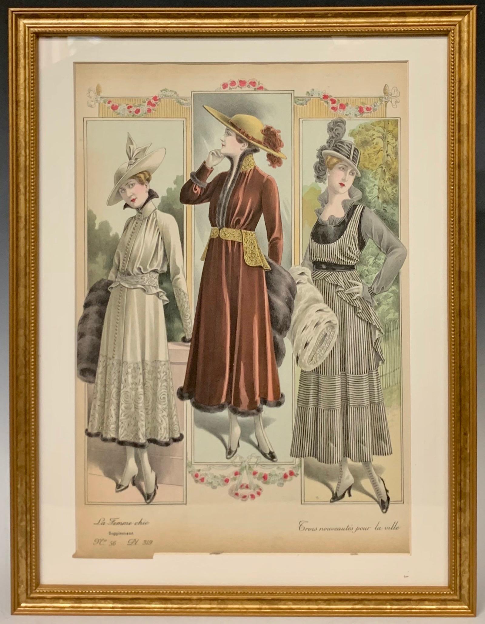 Set of twelve framed original color lithographs of French fashions from 'La Femme Chic' 1914. La Femme Chic was an important French periodical that debuted in the early 1900s and showed designs of French couturiers of the period, in vibrant color,