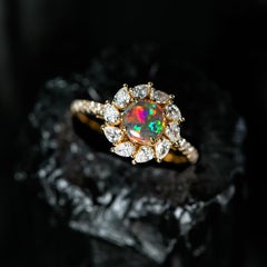 La Fiesta - Lightning Ridge Black Opal & Halo Pear Diamond Engagement Ring 18K Y