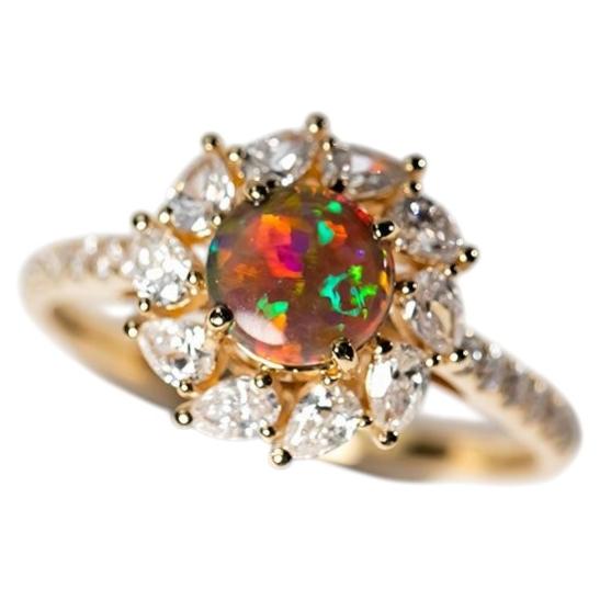 La Fiesta - Lightning Ridge Black Opal & Halo Pear Diamond Engagement Ring 18K Y