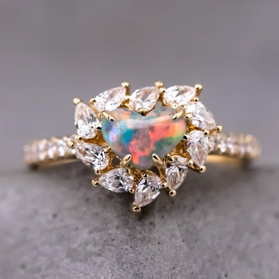 Artist La Fiesta - Lightning Ridge Black Opal & Halo Pear Diamond Engagement  Ring For Sale
