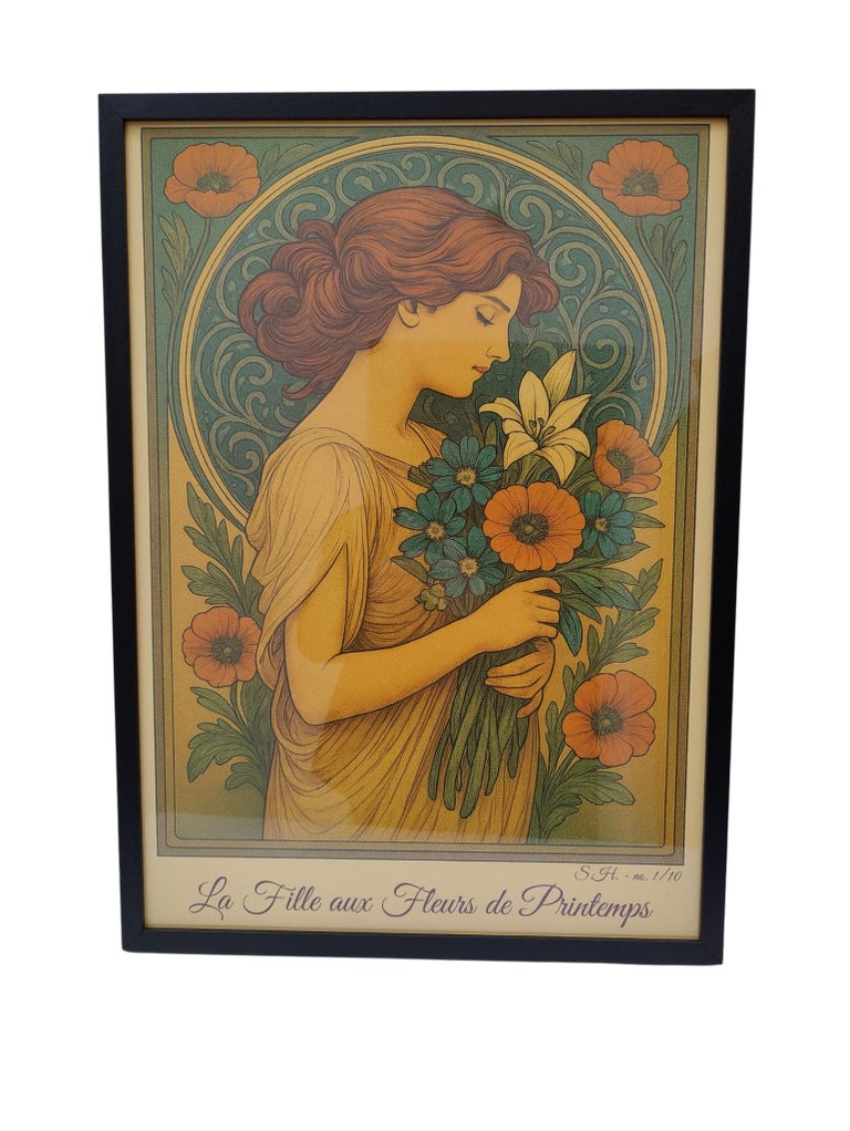 Dosseret Mural En Carreau De Céramique – Portrait De Fille Aux Fleurs, Style Mucha, Art Marbré