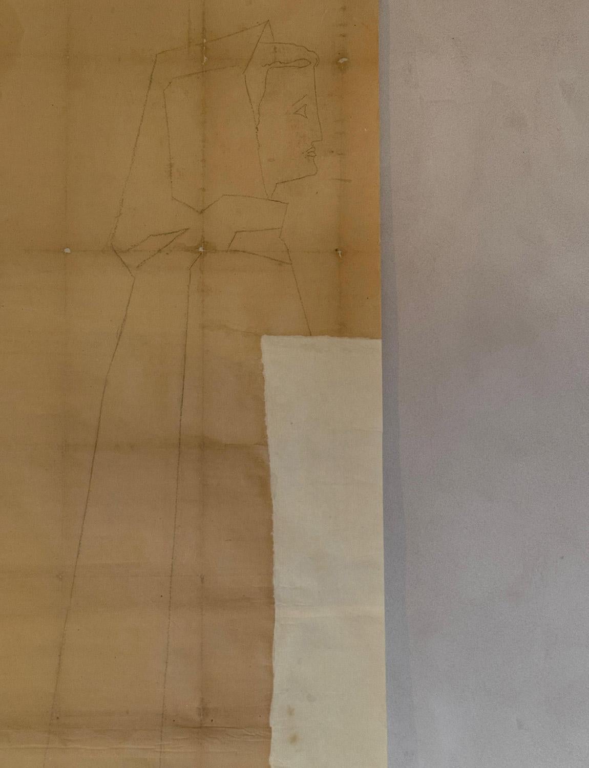 This wonderful stencil is the original stencil made by Gio Ponti and used to create his fresco of 'The personification of Philosophy consoling the personification of History.' ('La Filosofia consola la storia.') The stencil is 'La Filosofia' - the