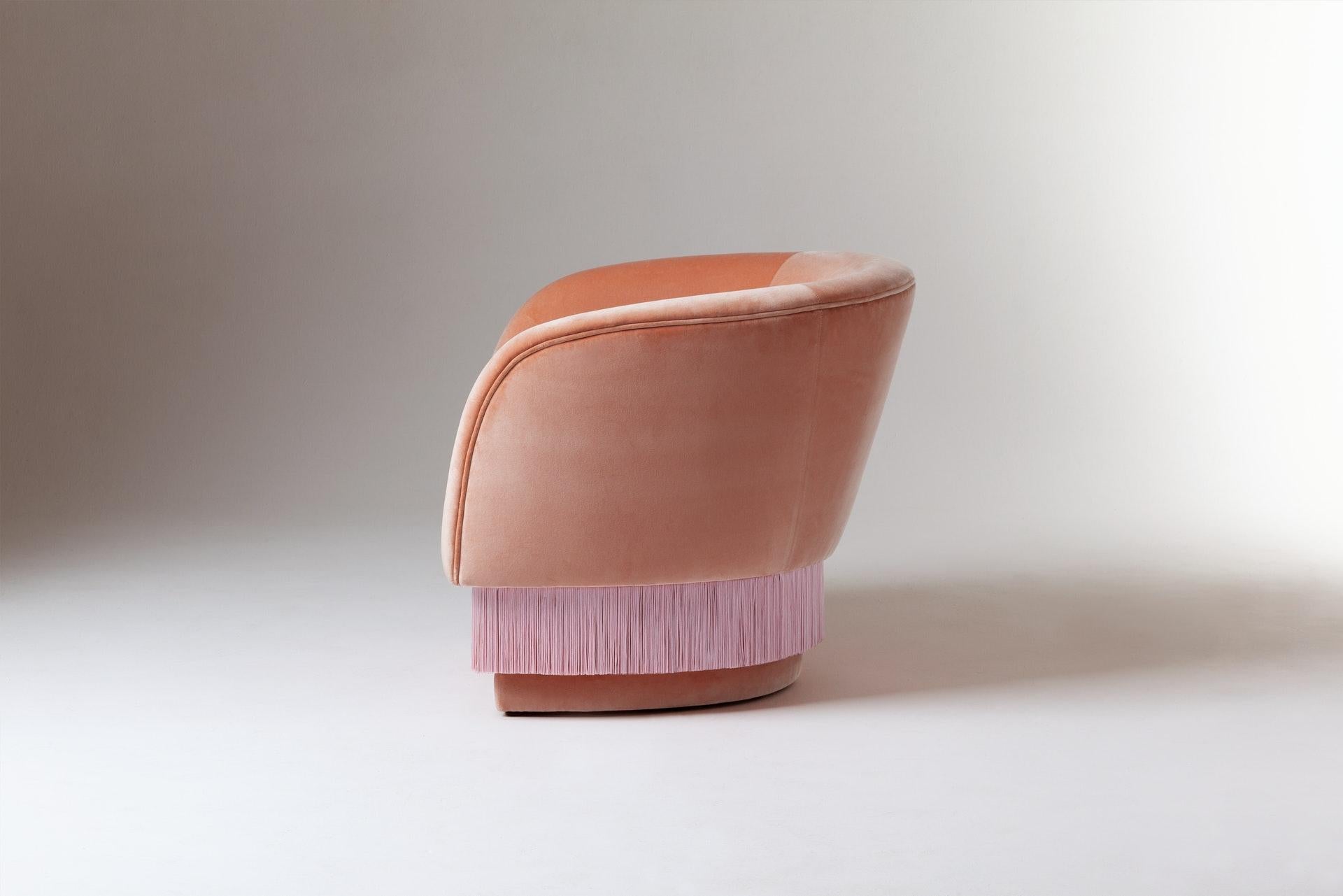 Mid-Century Modern DOOQ Lounge Armchair with Soft Salmon Velvet and Pink Silk Fringes La Folie For Sale