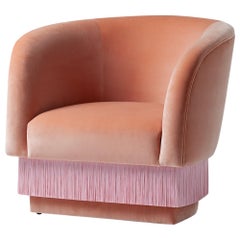 DOOQ Lounge Armchair with Soft Salmon Velvet and Pink Silk Fringes La Folie