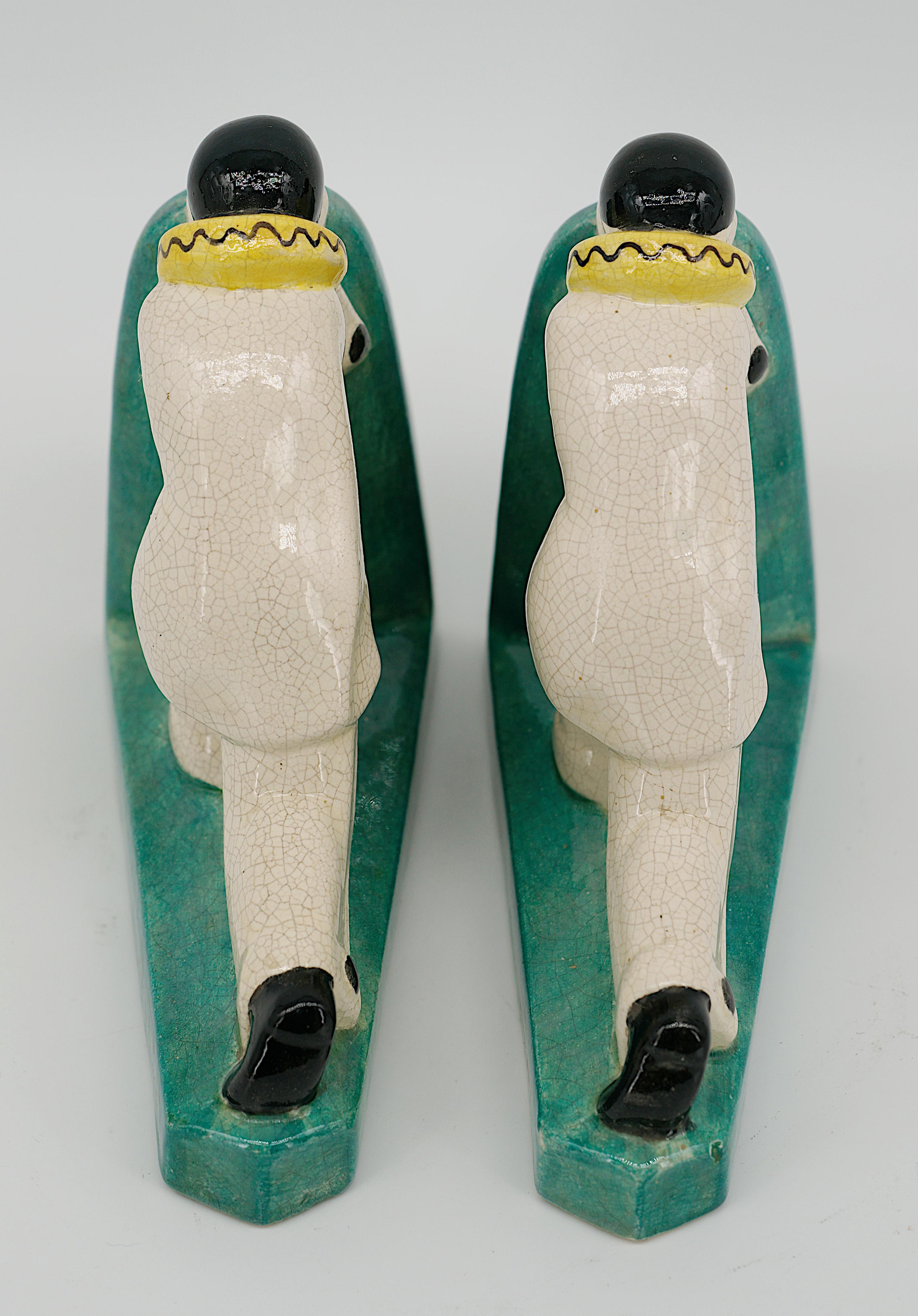 Louis Fontinelle French Art Deco Crackle Glaze Ceramic Pierrot Bookends, 1925 For Sale 1