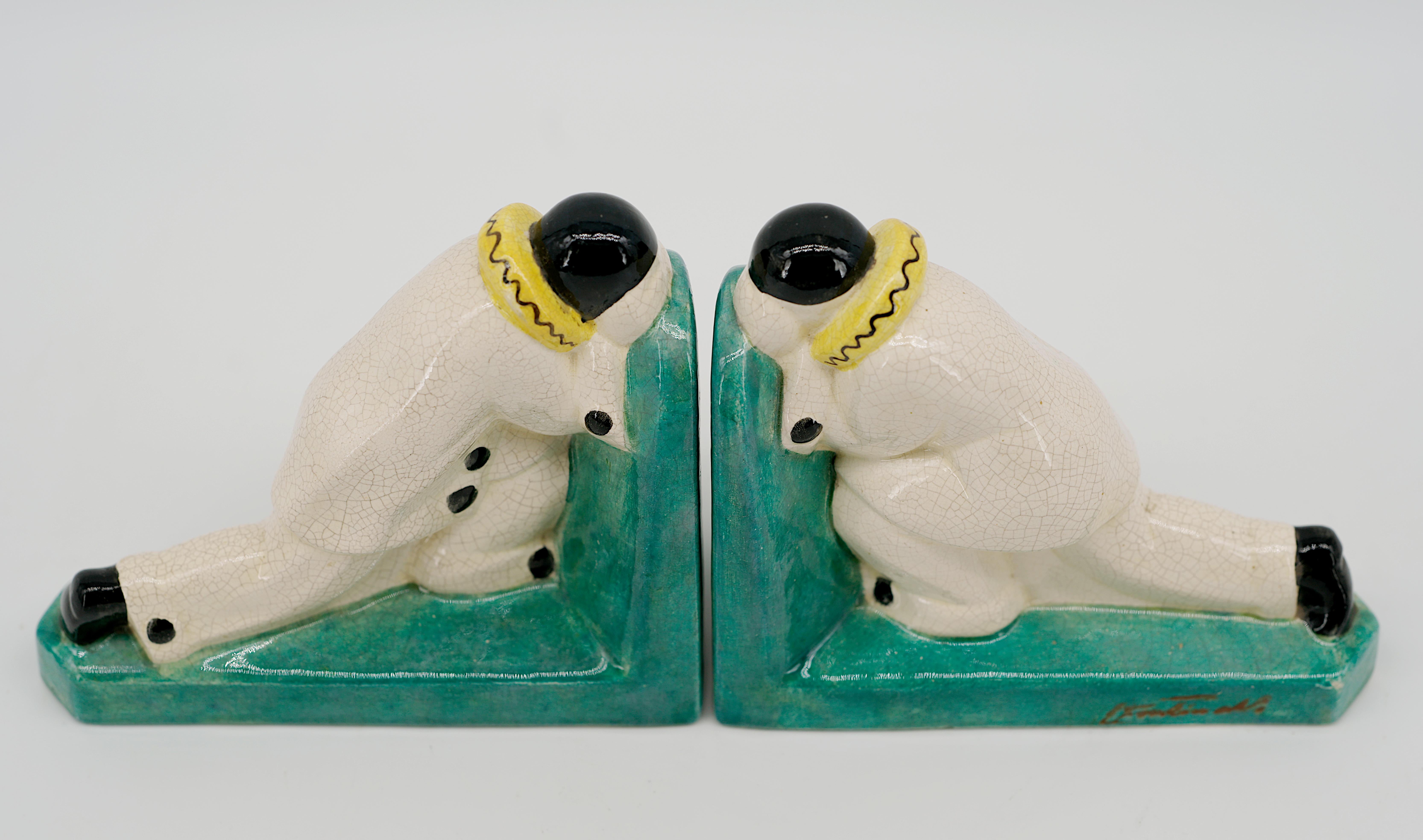 Louis Fontinelle French Art Deco Crackle Glaze Ceramic Pierrot Bookends, 1925 For Sale 2