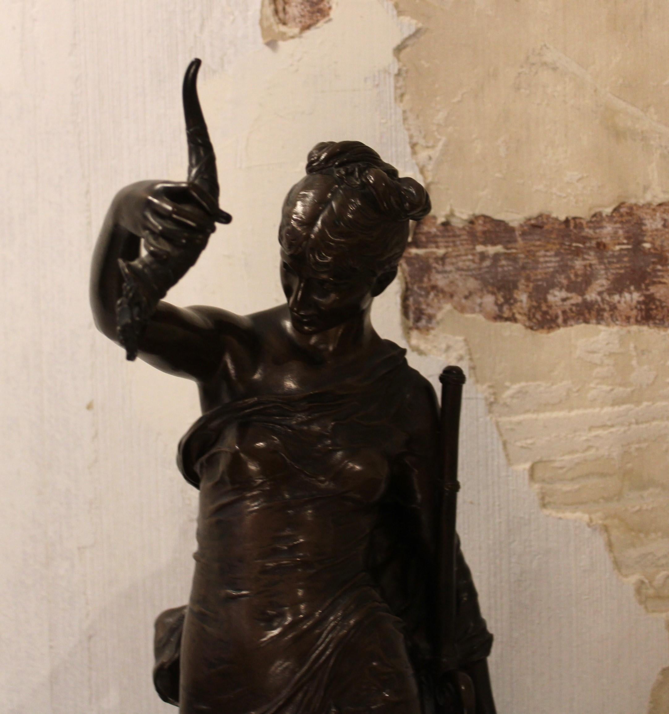 Augustin Moreau-Vauthier, F. Barbedienne
Sculpture in patinated bronze, representing a draped woman, 
This model is entitled La Fortune or L'Abondance.

French work from the second half of the 19th century, circa 1878
Signed on the terrace:
